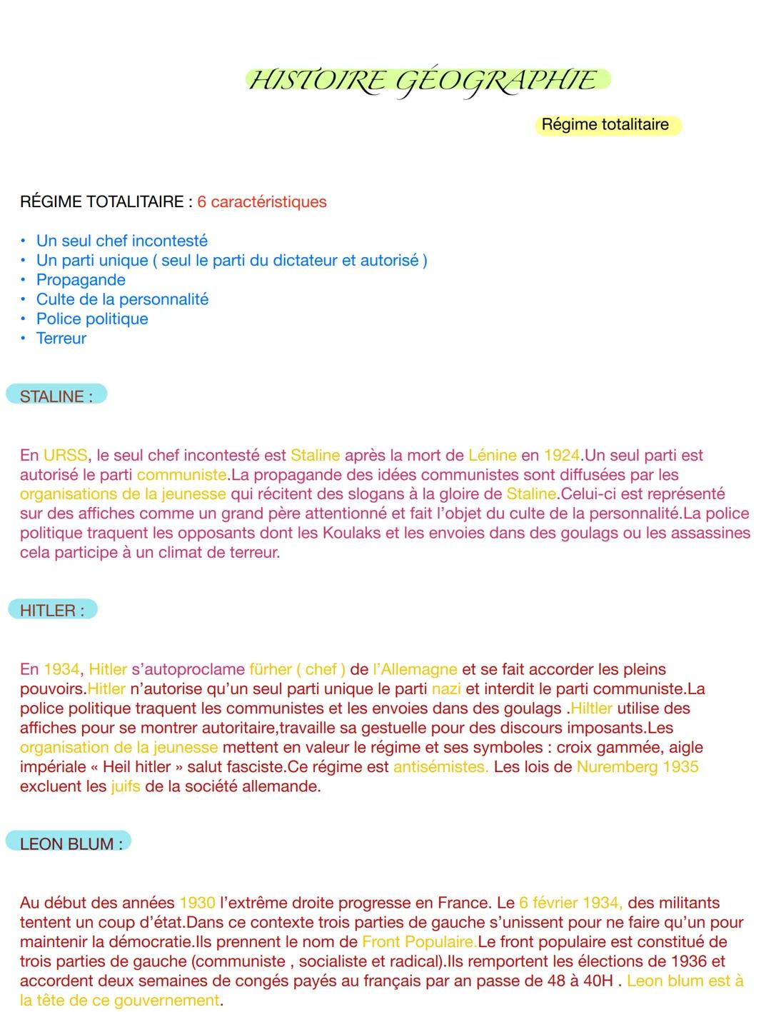 # HISTOIRE GÉOGRAPHIE
Régime totalitaire
RÉGIME TOTALITAIRE: 6 caractéristiques
- Un seul chef incontesté
- Un parti unique (seul le part