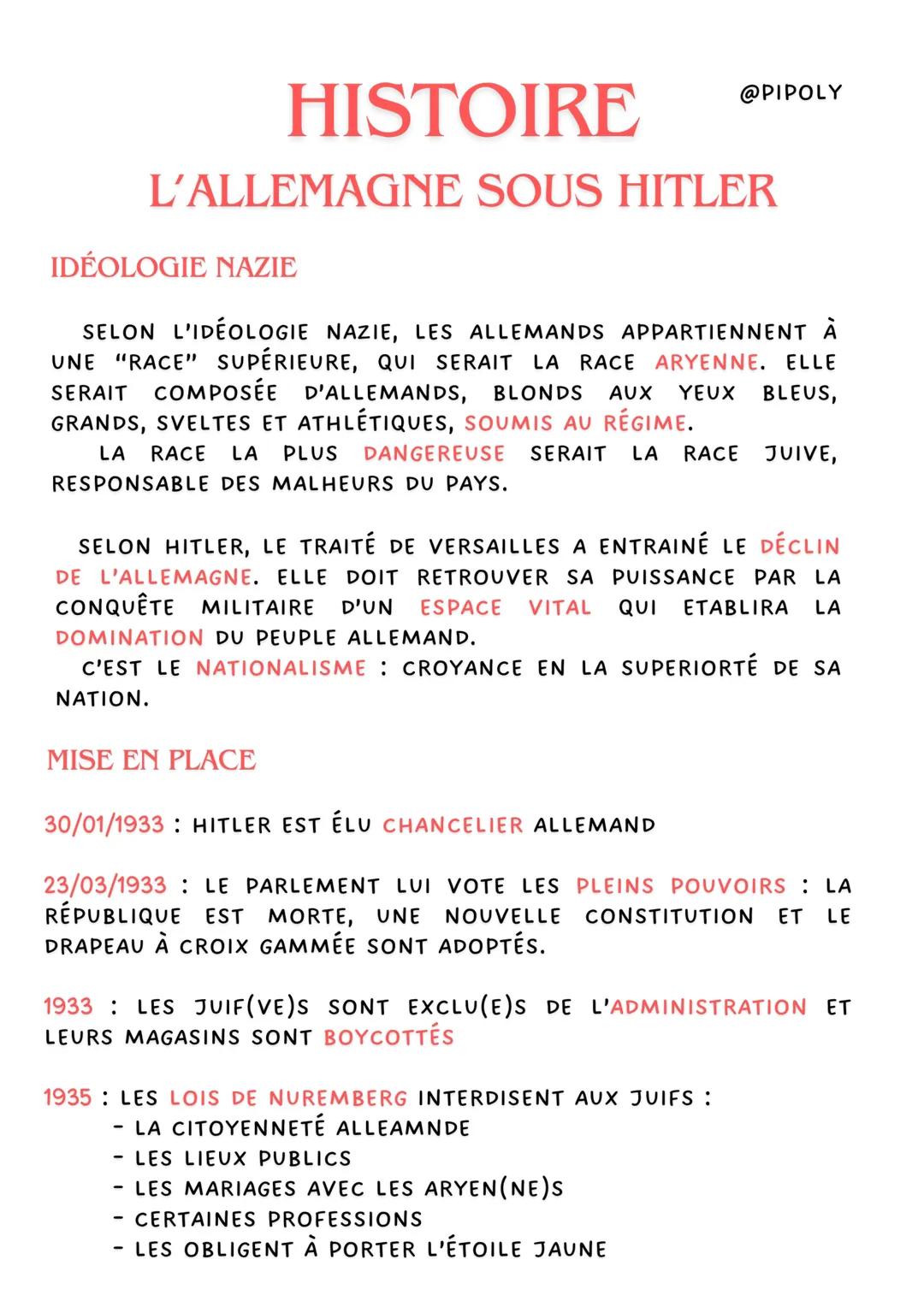 HISTOIRE
L'ALLEMAGNE SOUS HITLER
IDÉOLOGIE NAZIE
SELON L'IDÉOLOGIE NAZIE, LES ALLEMANDS APPARTIENNENT À
UNE "RACE" SUPÉRIEURE, QUI SERAIT LA