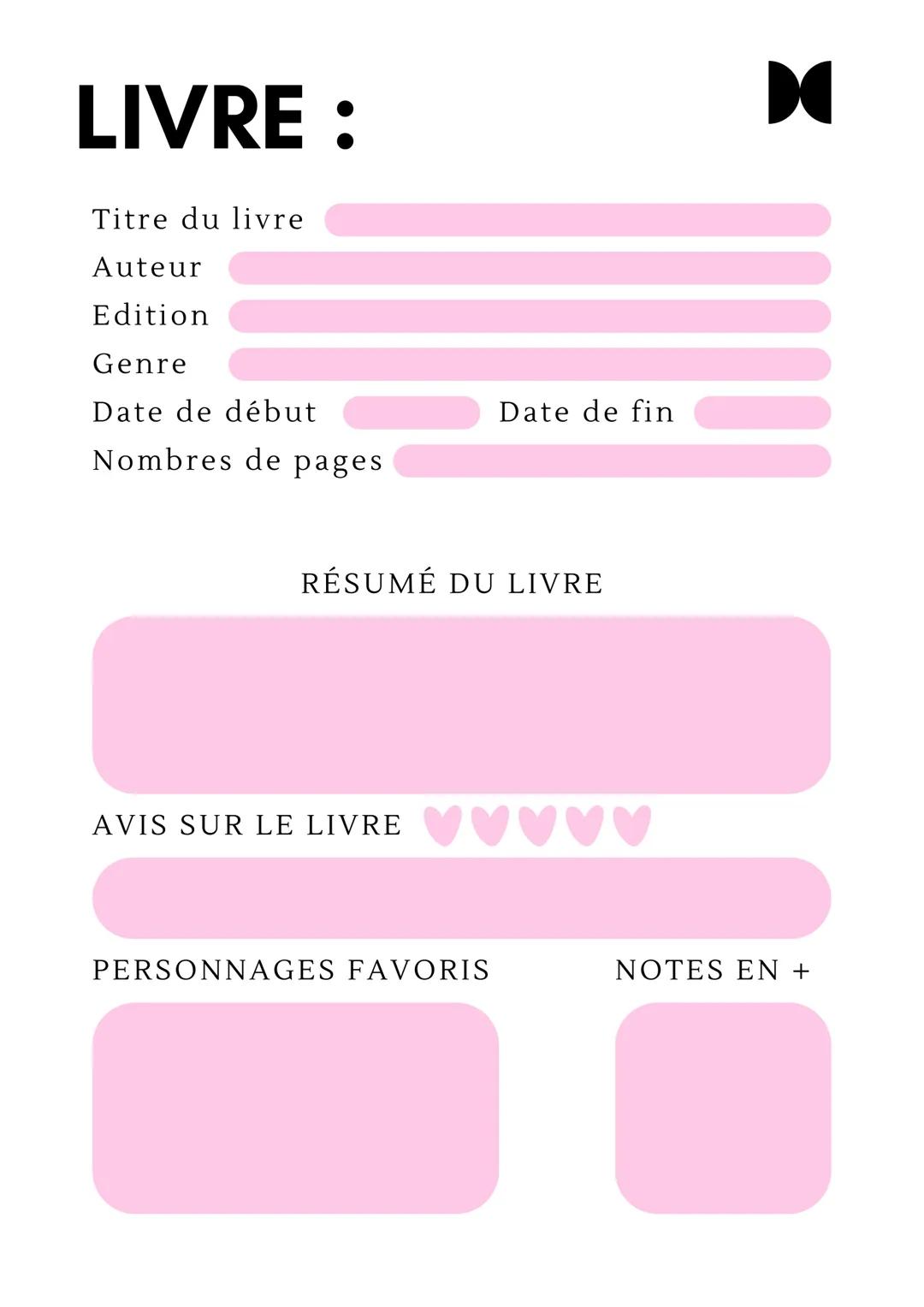 LIVRE :
Titre du livre
Auteur
Edition
Genre
Date de début
Nombres de pages
Date de fin
RÉSUMÉ DU LIVRE
AVIS SUR LE LIVRE VVVVV
PERSONNAGES F