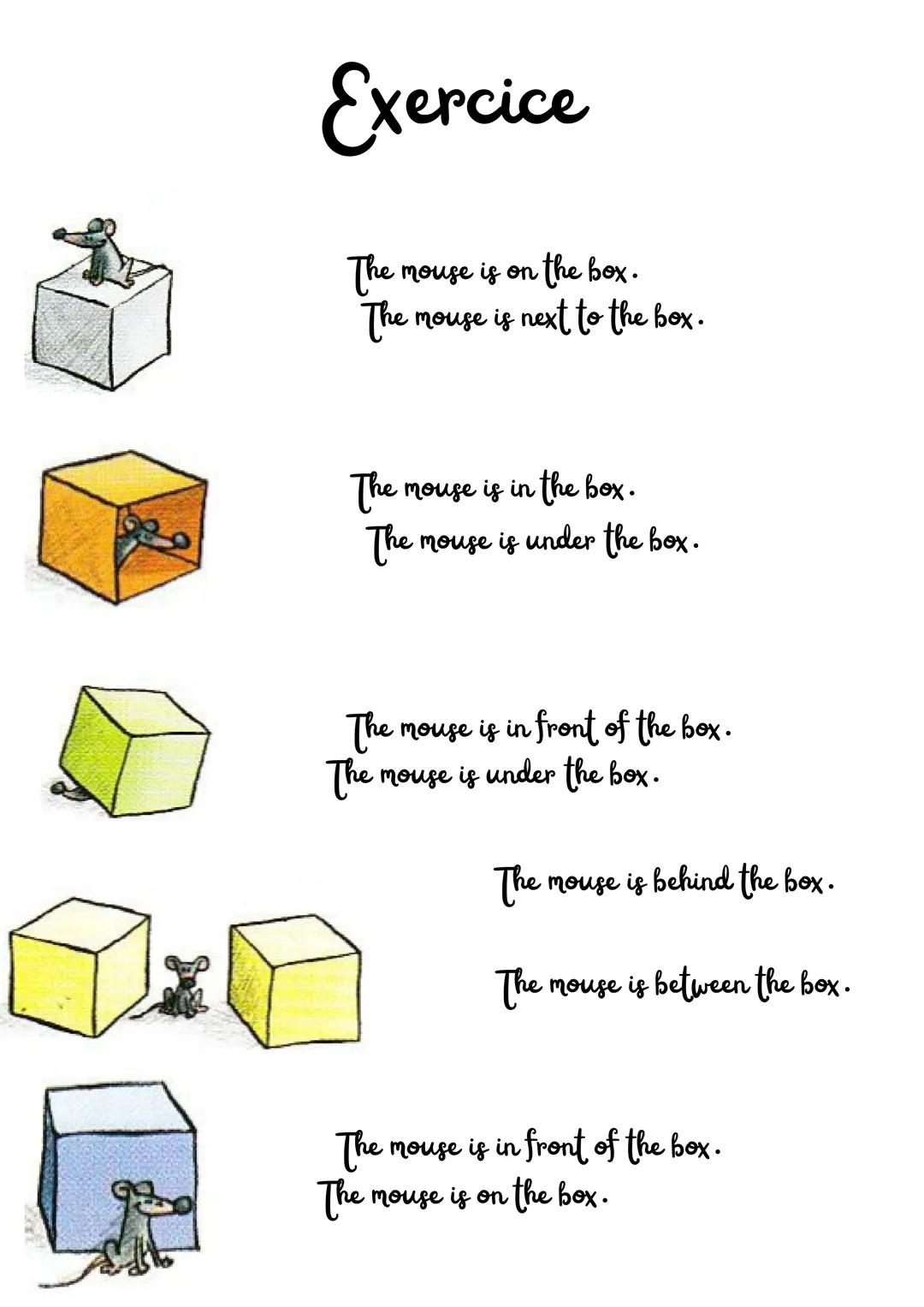 Les prépositions de lieux
on
next to
in front of
in
DOL
between
behind
under Exercice
The mouse is on the box.
The mouse is next to the box.