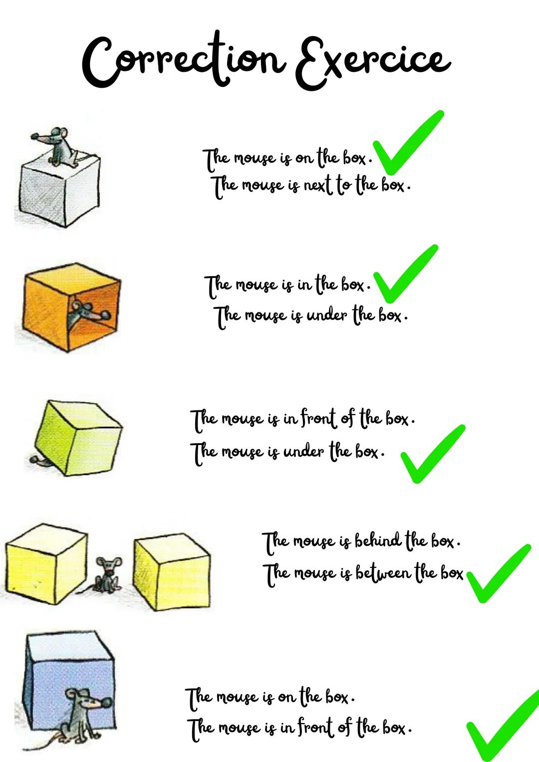 Les prépositions de lieux
on
next to
in front of
in
DOL
between
behind
under Exercice
The mouse is on the box.
The mouse is next to the box.