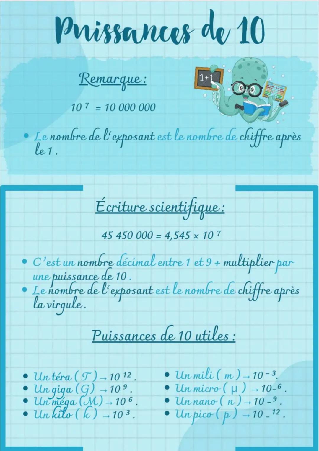# Puissances de 10
Remarque:
$10^7 = 10 000 000$
• Le nombre de l'exposant est le nombre de chiffre après
le 1.
Écriture scientifique: