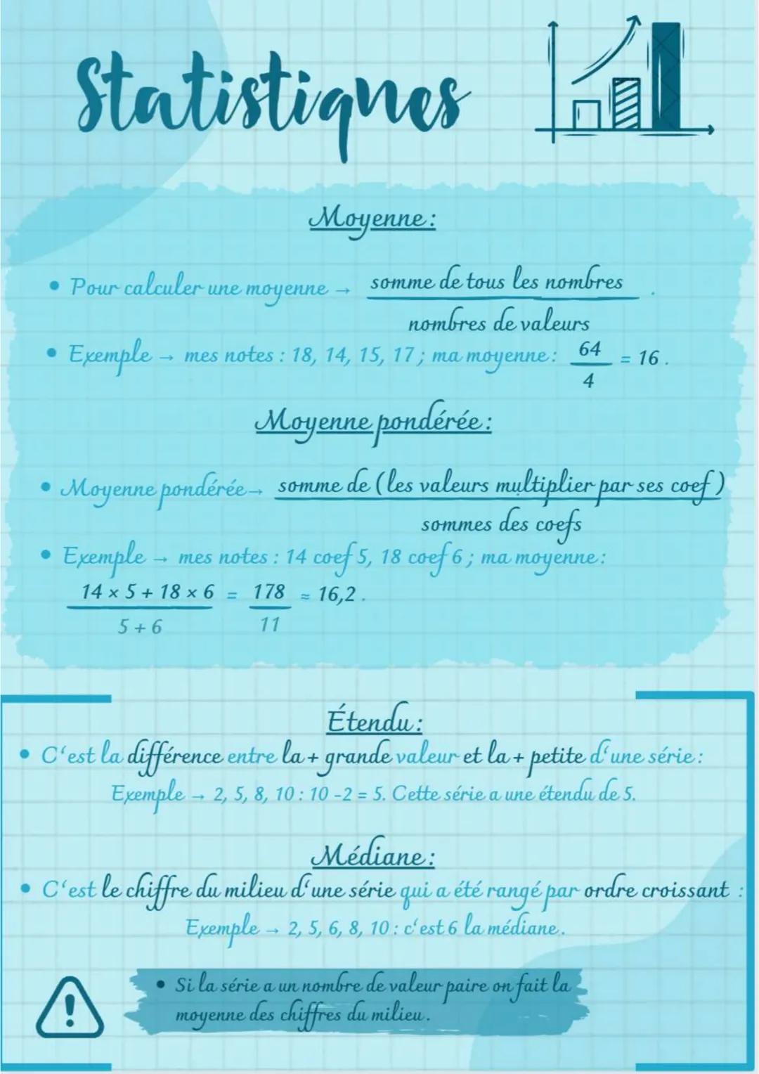 # Statistiques L
Moyenne:
* Pour calculer une moyenne $\rightarrow$ $\frac{somme \space de \space tous \space les \space nombres}{nombre