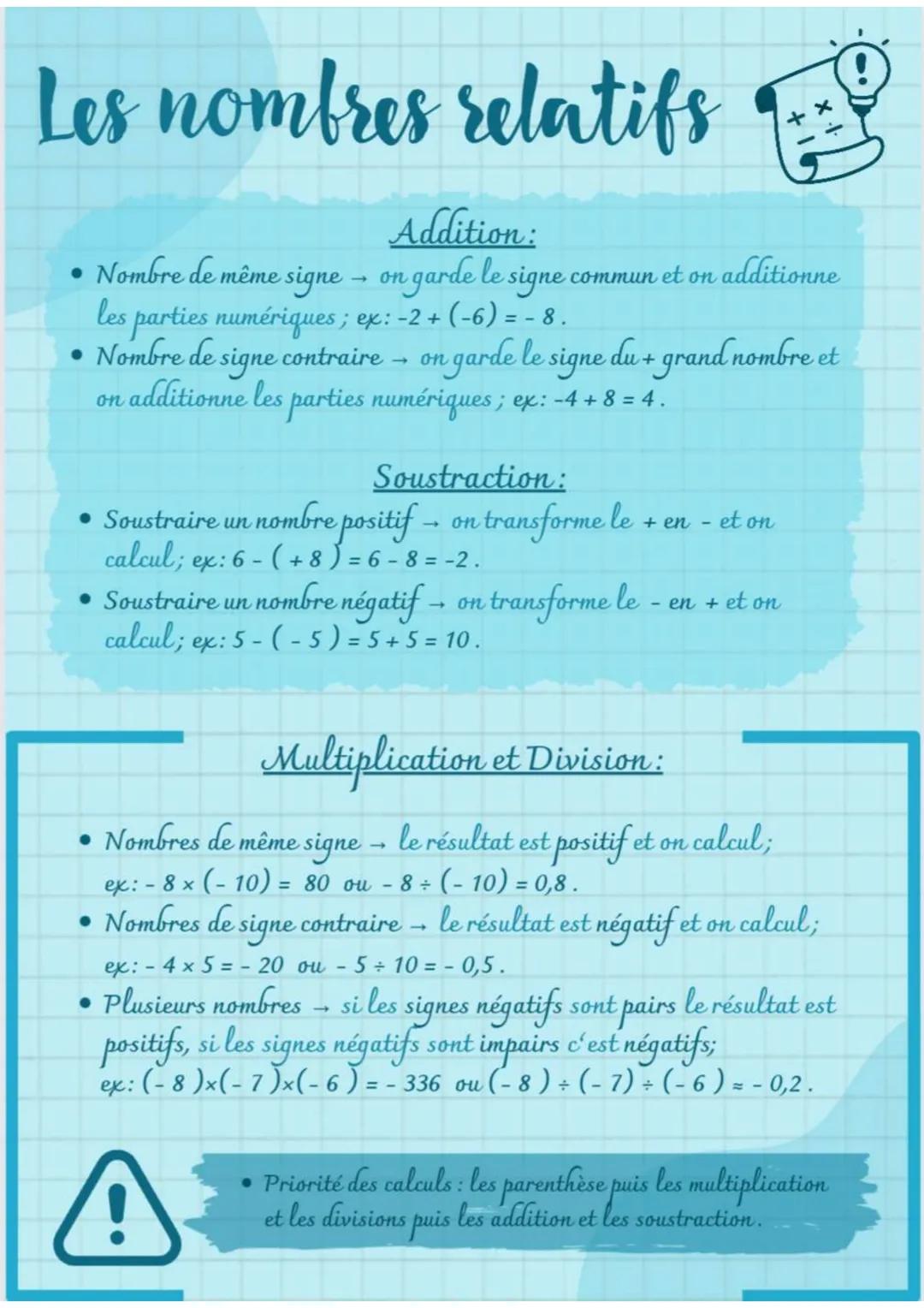 # Les nombres relatifs
Addition:
- Nombre de même signe - on garde le signe commun et on additionne
les parties numériques; ex: -2 +(-6) =