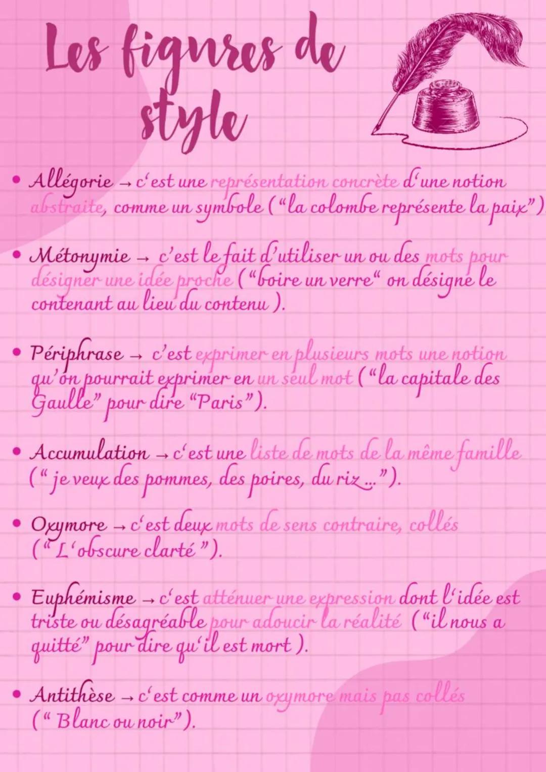 # Les figures de
style
* Allégorie → c'est une représentation concrète d'une notion
abstraite, comme un symbole ("la colombe représente l