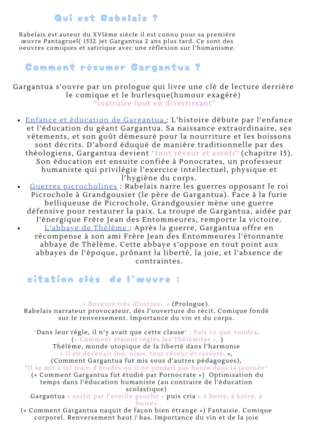FICHE N°2
Titre du livre
Auteur
Date de début
Mouvement littéraire
Thèmes principaux
parcours associé
Gargantua
François Rabelais
1534
L'hum