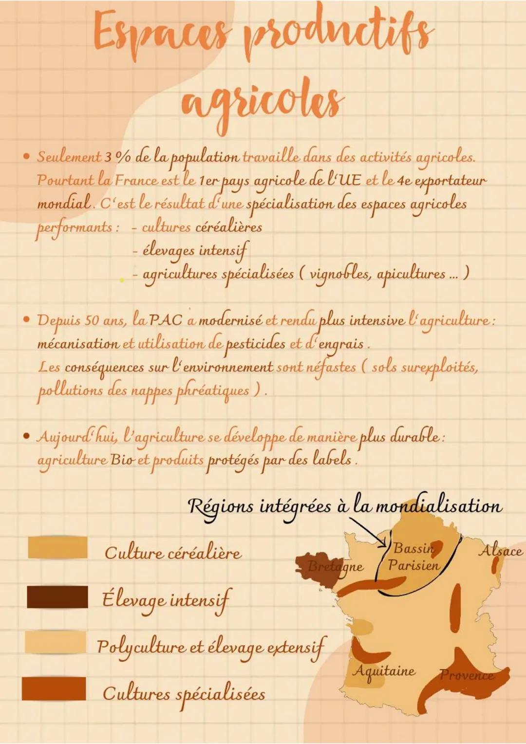 # Espaces productifs
agricoles
• Seulement 3% de la population travaille dans des activités agricoles.
Pourtant la France est le 1er pays a