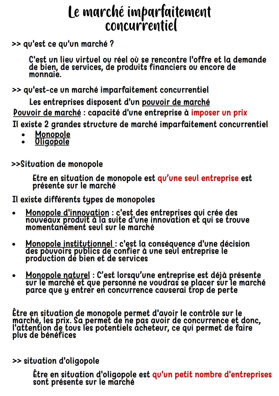 Le marché imparfaitement
concurrentiel
>> qu'est ce qu'un marché ?
C'est un lieu virtuel ou réel où se rencontre l'offre et la demande
de bi