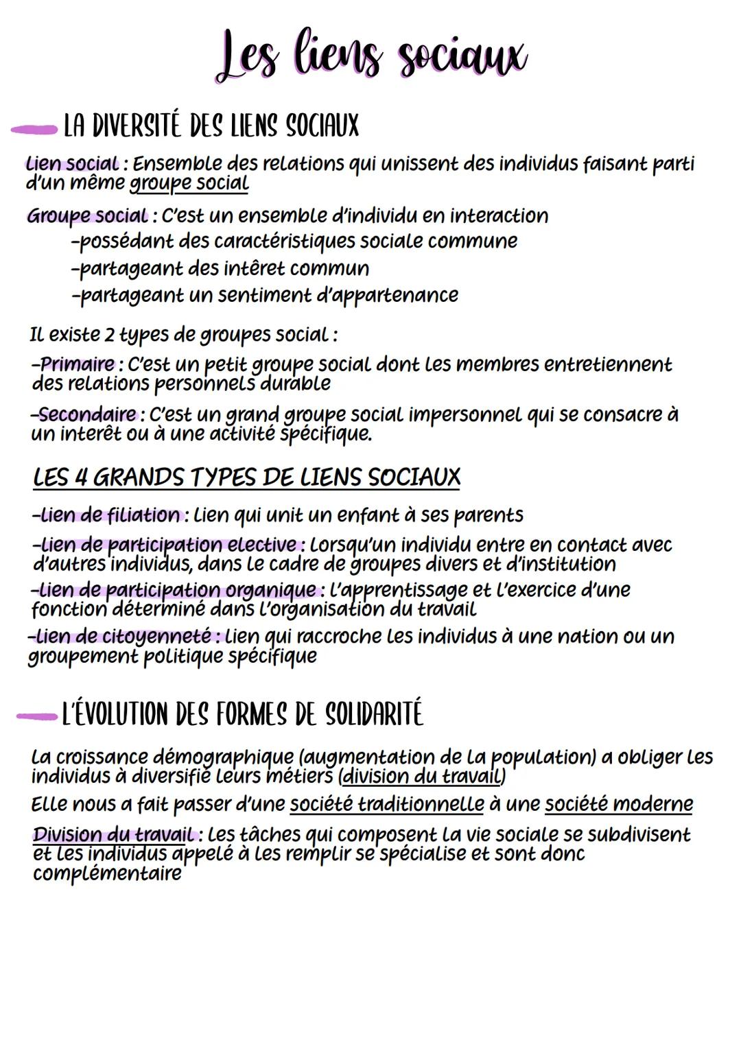 # Les liens sociaux
LA DIVERSITÉ DES LIENS SOCIAUX
Lien social: Ensemble des relations qui unissent des individus faisant parti
d'un même