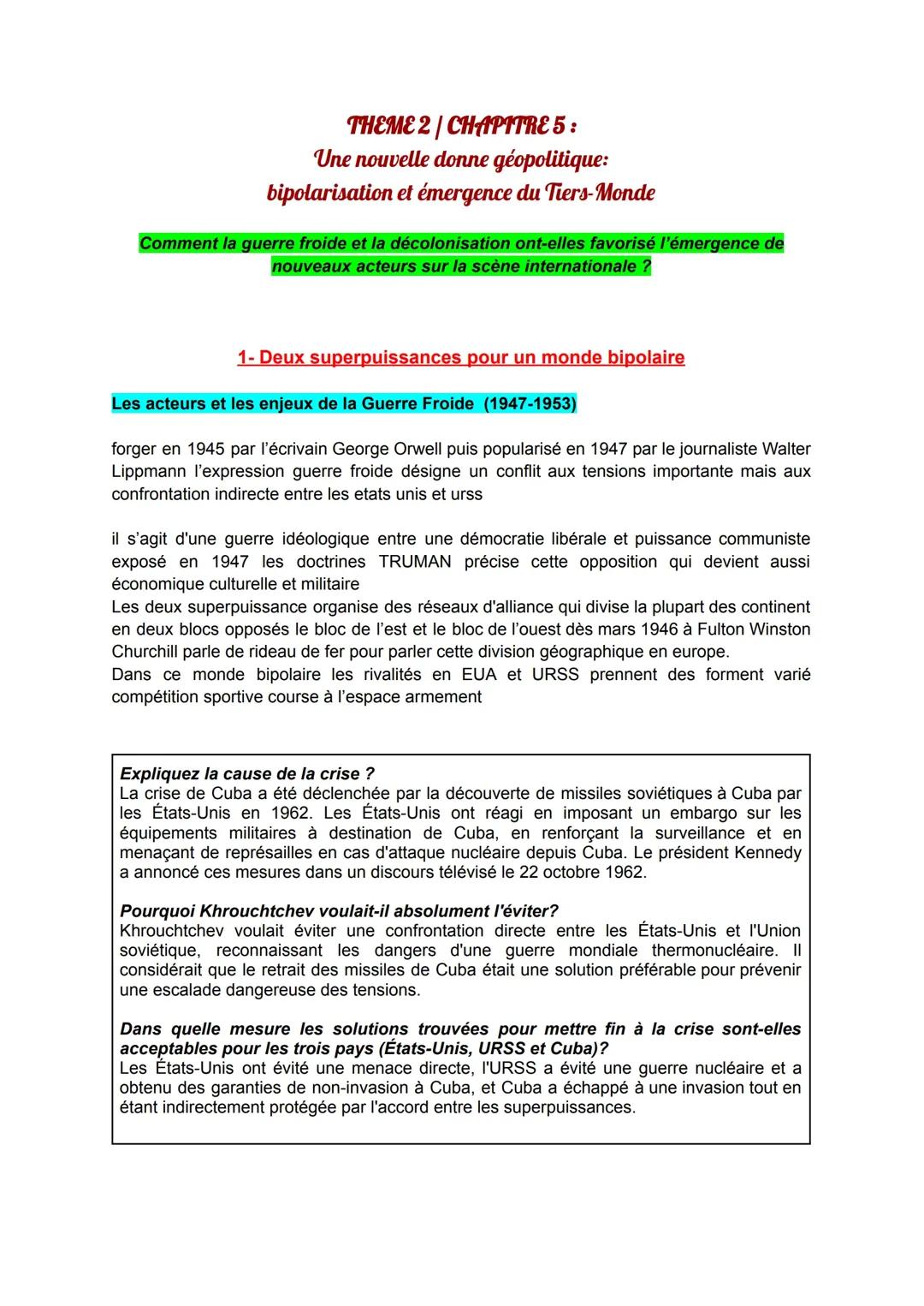 Theme 2 chapitre 5 : Une nouvelle donne géopolitique:bipolarisation et émergence du Tiers-Monde