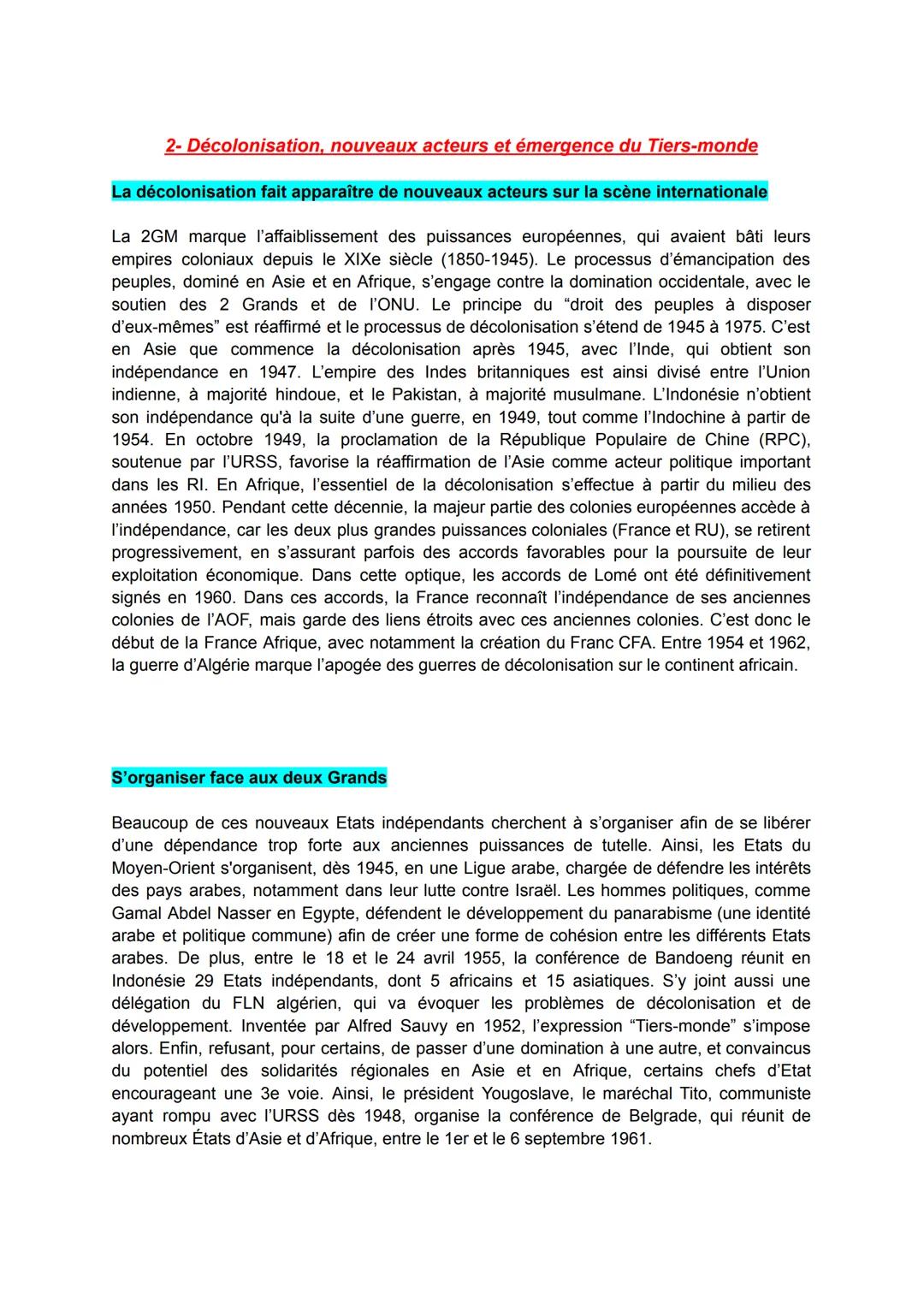 THEME 2 CHAPITRE 5 :
Une nouvelle donne géopolitique:
bipolarisation et émergence du Tiers-Monde
Comment la guerre froide et la décolonisati