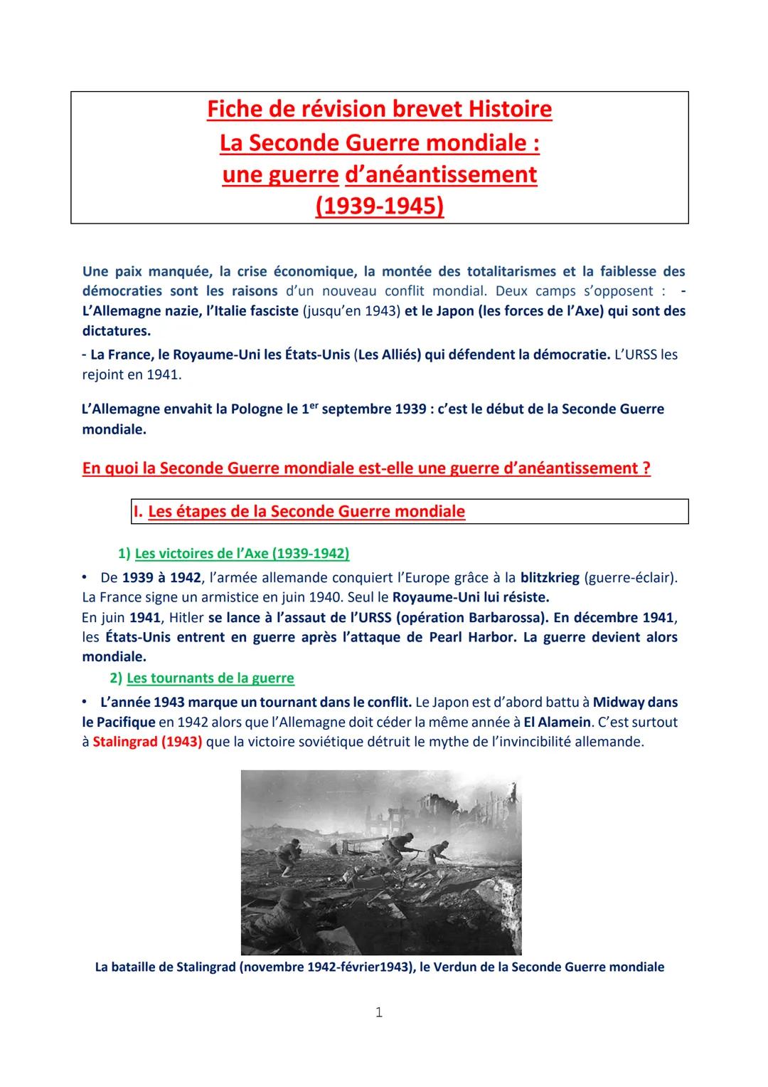 # Fiche de révision brevet Histoire
# La Seconde Guerre mondiale :
## une guerre d'anéantissement
### (1939-1945)
Une paix manquée, la cri