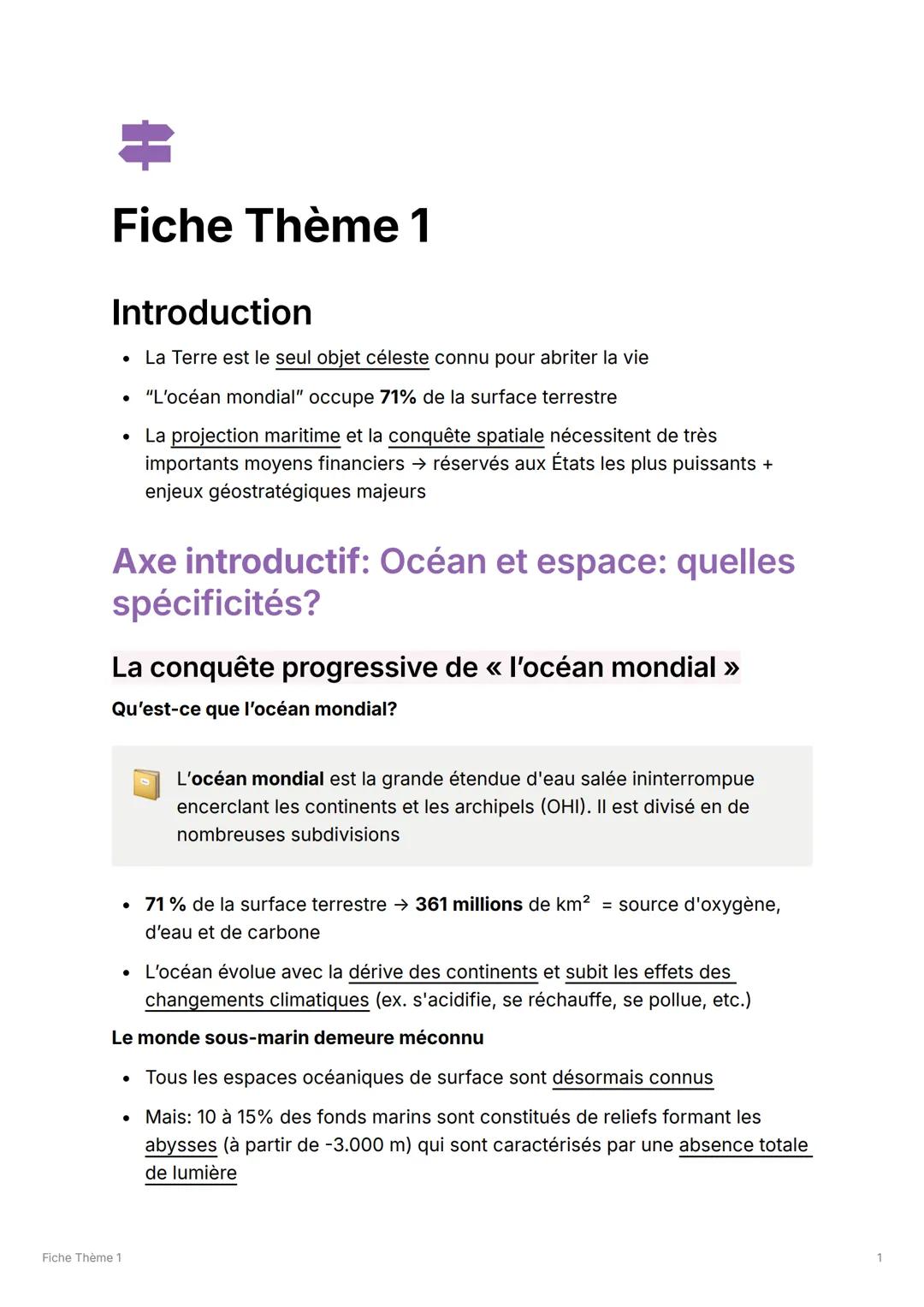 #
Fiche Thème 1
Introduction
• La Terre est le seul objet céleste connu pour abriter la vie
• "L'océan mondial" occupe 71% de la surface ter