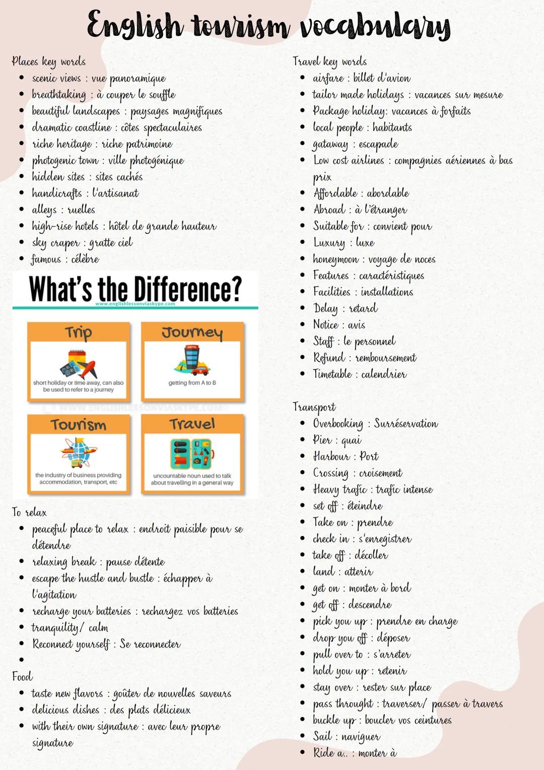 English tourism vocabulary
Tourism: business of providing services, accomodation and arranging activites and holidays for people who are vis