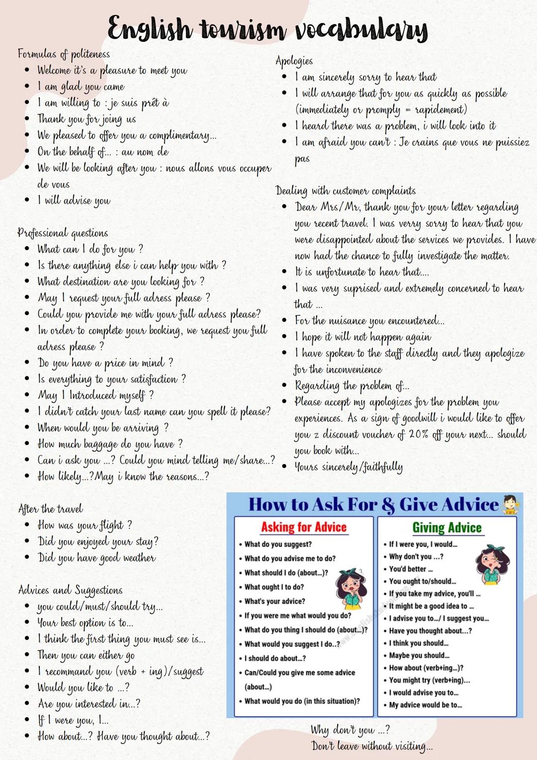 English tourism vocabulary
Tourism: business of providing services, accomodation and arranging activites and holidays for people who are vis