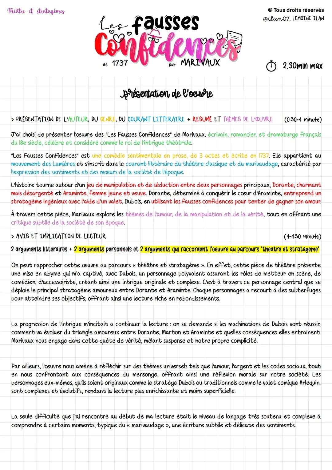 Présentation de l’œuvre de Marivaux à l’oral