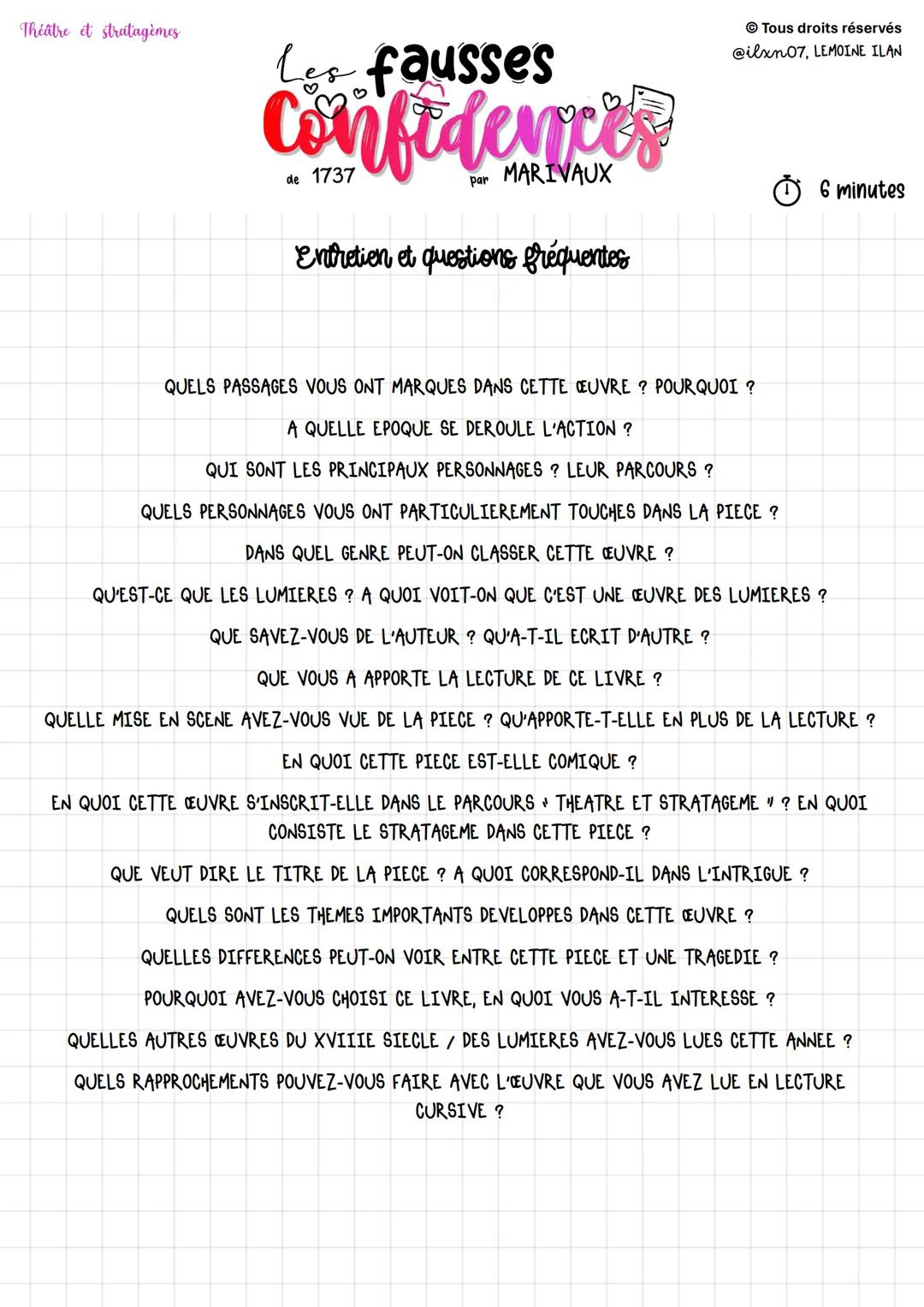 Théâtre et stratagèmes
Los fausses
Confidences
de 1737 par MARIVAUX
Entretien et questions fréquentes
Tous droits réservés
@ilxn07, LEMOI