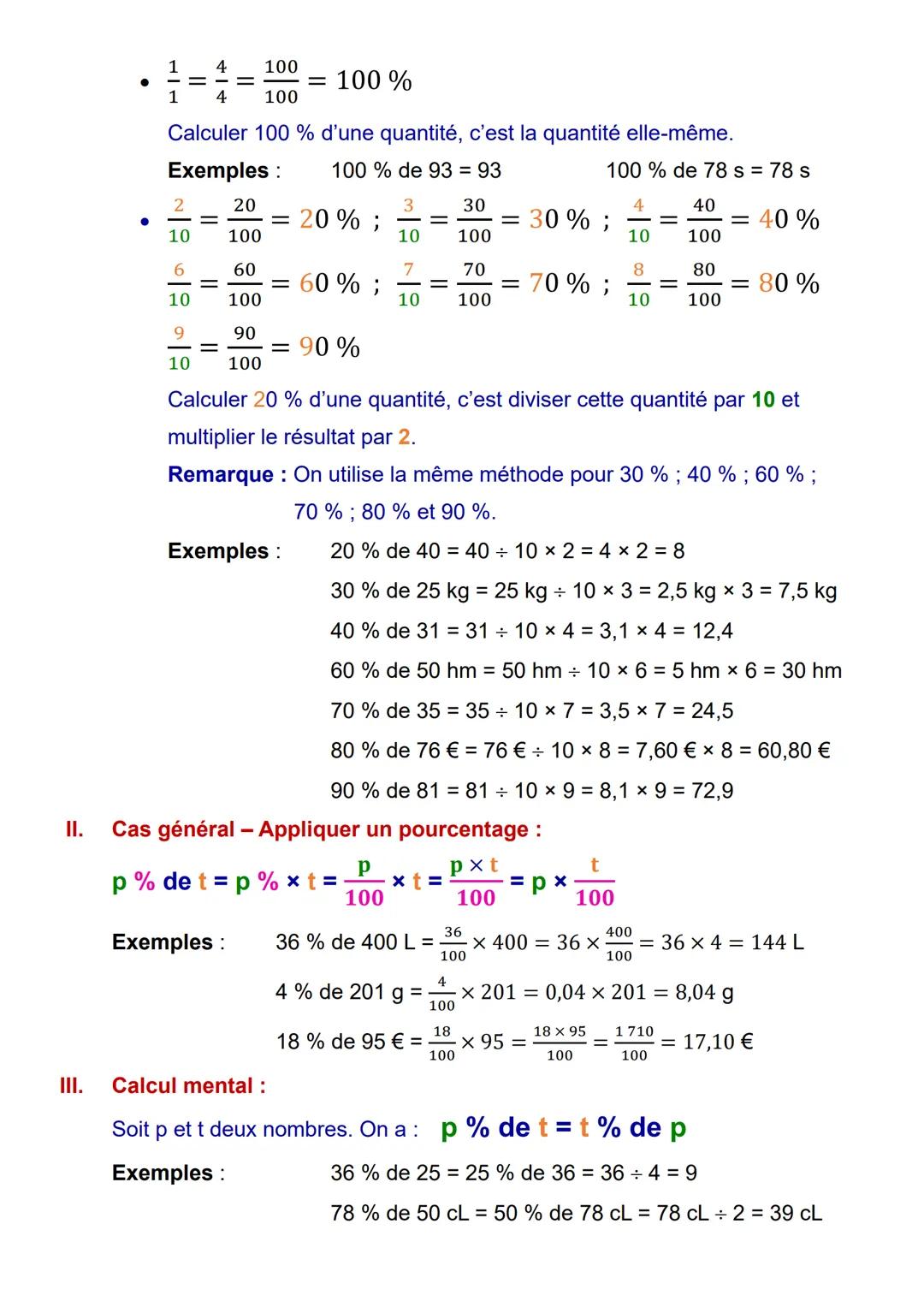 I.
Pourcentages
1
-=
2
●
●
●
●
50
100
Calculer 50 % d'une quantité, c'est diviser cette quantité par 2.
Exemples:
50 % de 48 = 48 = 2 = 24
5