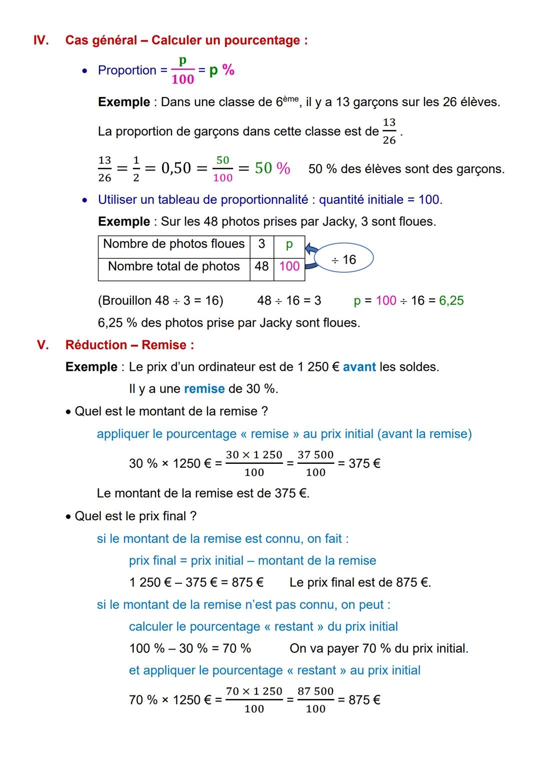I.
Pourcentages
1
-=
2
●
●
●
●
50
100
Calculer 50 % d'une quantité, c'est diviser cette quantité par 2.
Exemples:
50 % de 48 = 48 = 2 = 24
5