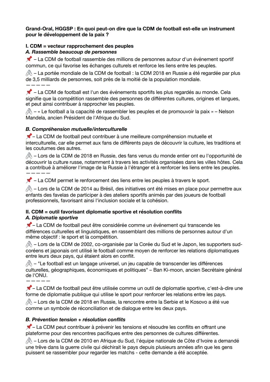 Grand-Oral, HGGSP: En quoi peut-on dire que la CDM de football est-elle un instrument
pour le développement de la paix ?
I. CDM = vecteur r