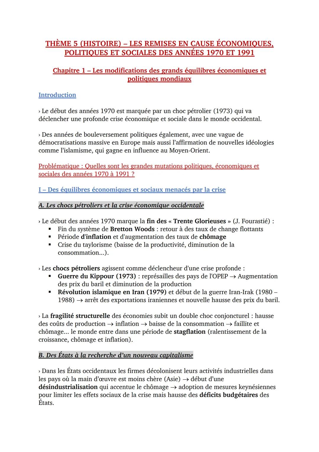 THÈME 5 (HISTOIRE) ) – LES REMISES EN CAUSE ÉCONOMIQUES,
POLITIQUES ET SOCIALES DES ANNÉES 1970 ET 1991
Chapitre 1 - Les modifications des g