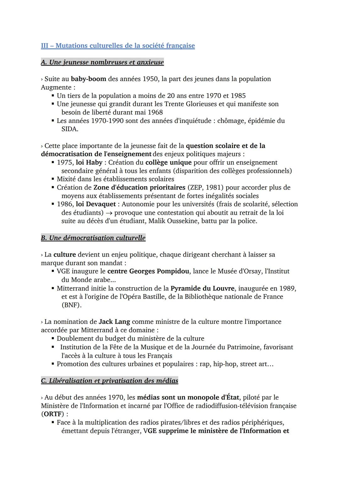 THÈME 5 (HISTOIRE) ) – LES REMISES EN CAUSE ÉCONOMIQUES,
POLITIQUES ET SOCIALES DES ANNÉES 1970 ET 1991
Chapitre 1 - Les modifications des g