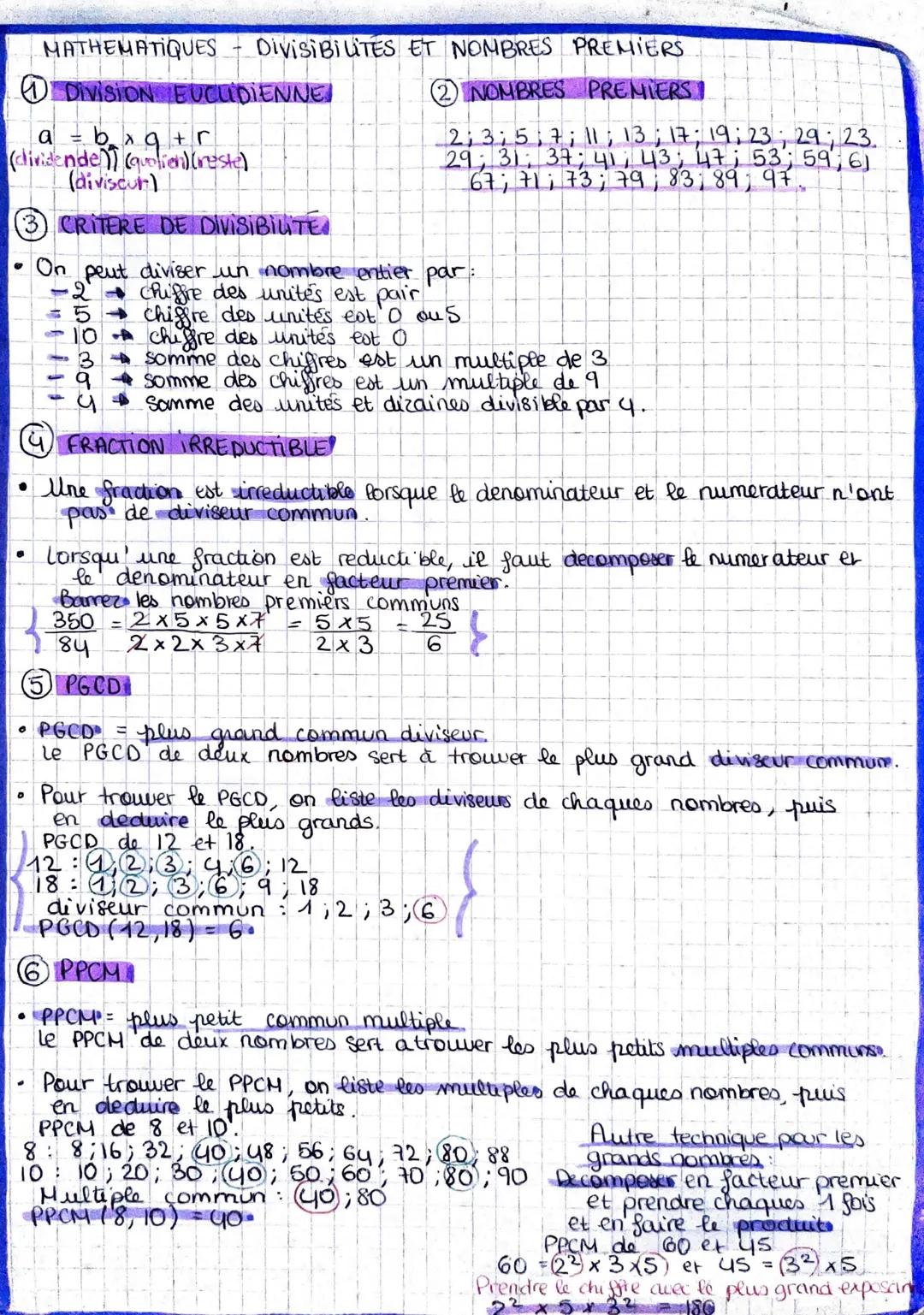 # MATHEMATIQUES - DIVISIBILITES ET NOMBRES PREMIERS
1 DIVISION EUCLIDIENNE
$a = b \times q + r$
(dividende)) (quolien) (reste)
(diviscur)