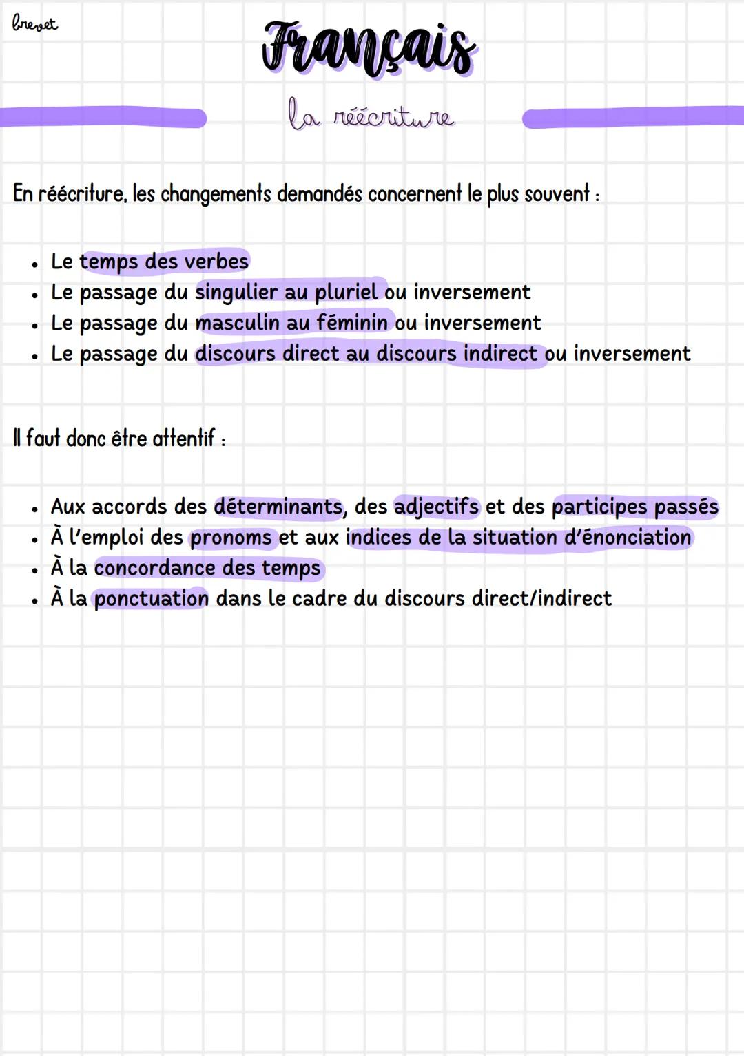 brevet
# Français
## la réécriture
En réécriture, les changements demandés concernent le plus souvent :
- Le temps des verbes
- Le passage