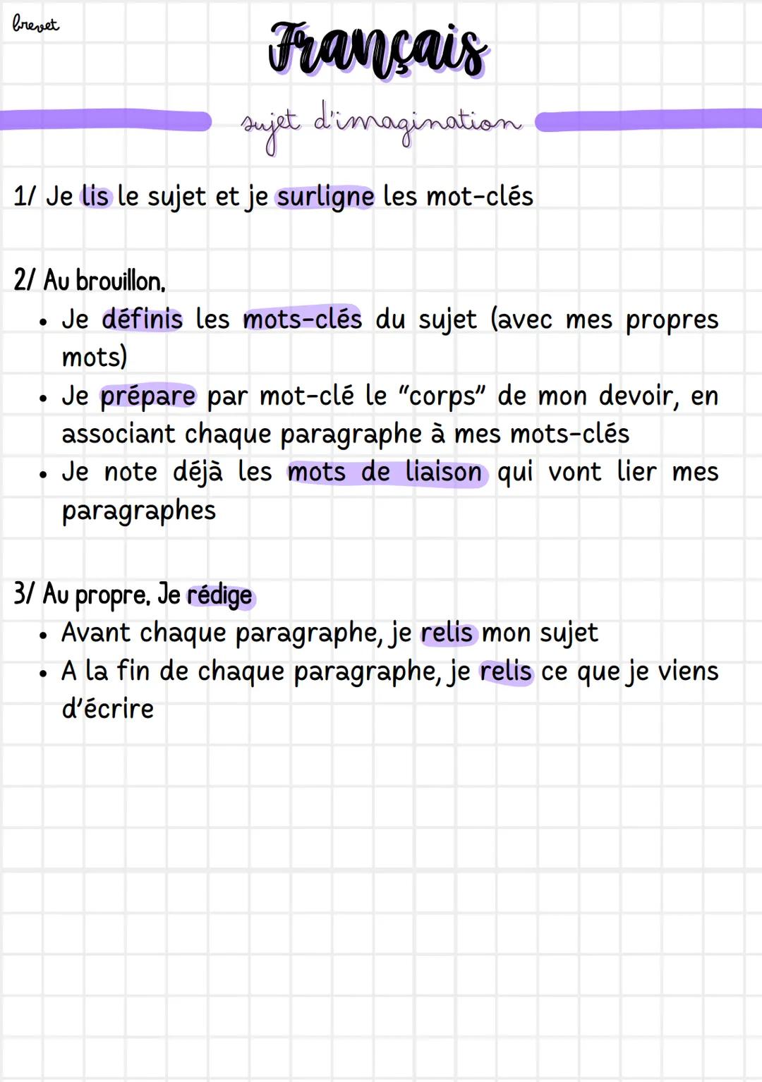 brevet
# Français
## sujet d'imagination
1/ Je lis le sujet et je surligne les mot-clés
2/ Au brouillon,
* Je définis les mots-clés du