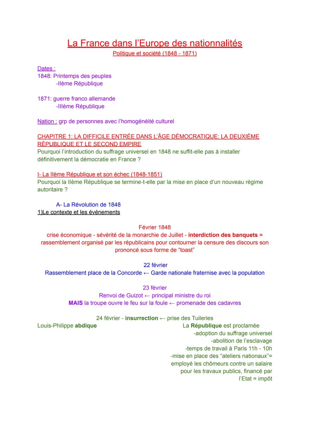 La France dans l'Europe des nationnalités
Politique et société (1848-1871)
Dates:
1848: Printemps des peuples
-llème République
1871: guerre