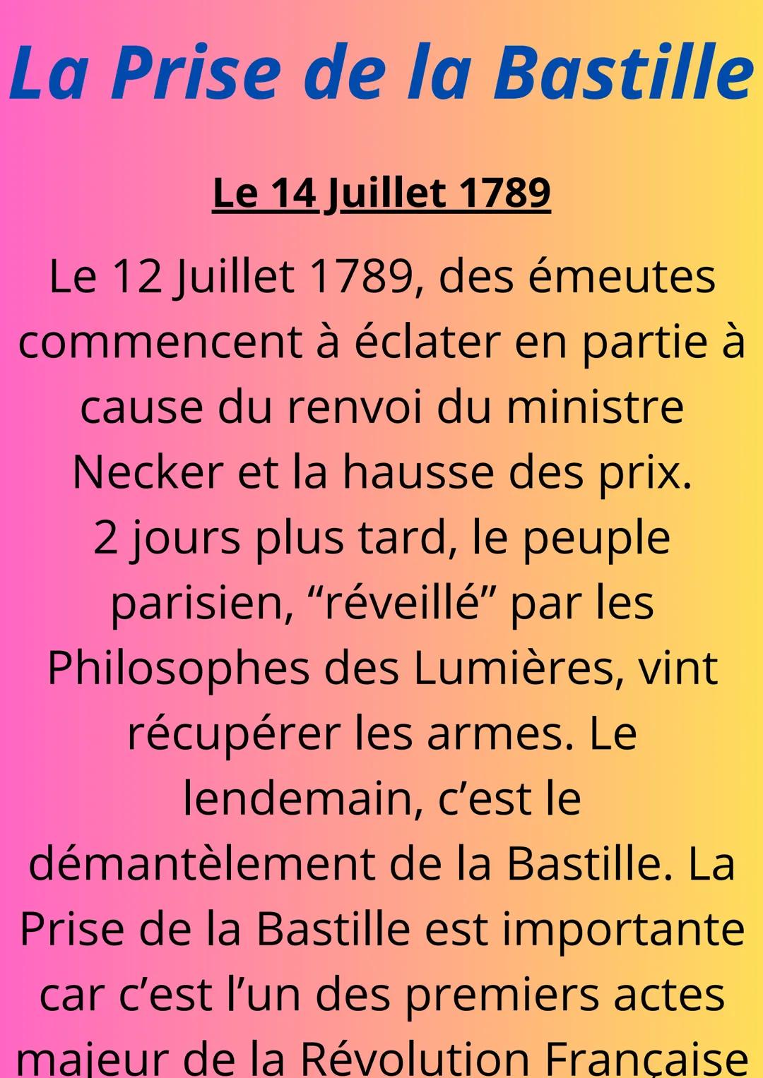 # La Prise de la Bastille
## Le 14 Juillet 1789
Le 12 Juillet 1789, des émeutes
commencent à éclater en partie à
cause du renvoi du minist