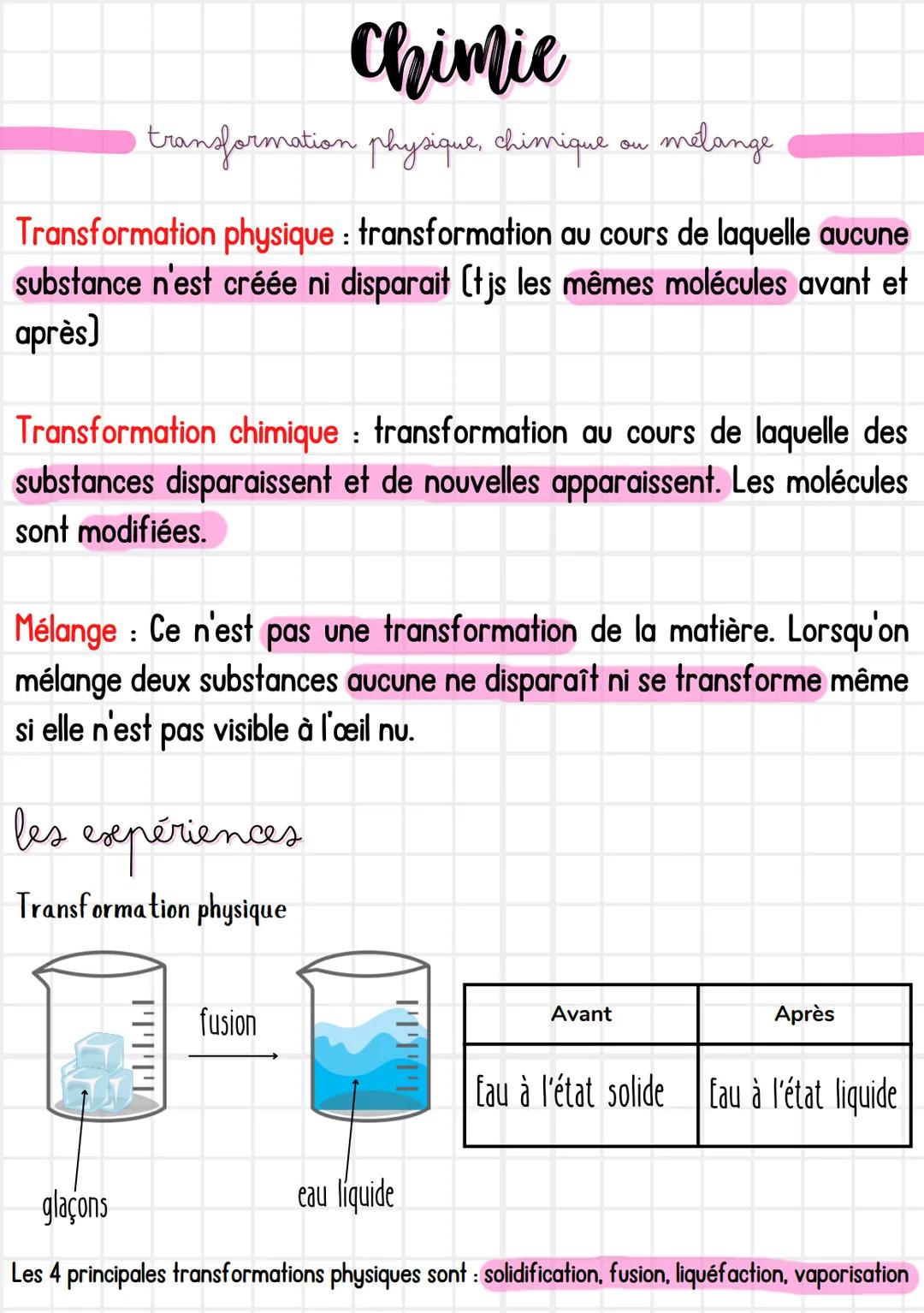 # Chimie
transformation physique, chimique ou melange
Transformation physique: transformation au cours de laquelle aucune
substance n'est