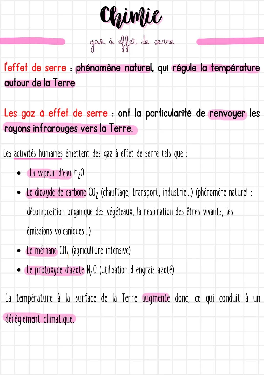 Chimie
:
gaz à effet
de
serre
l'effet de serre phénomène naturel, qui régule la température
autour de la Terre
Les gaz à effet de serre: ont