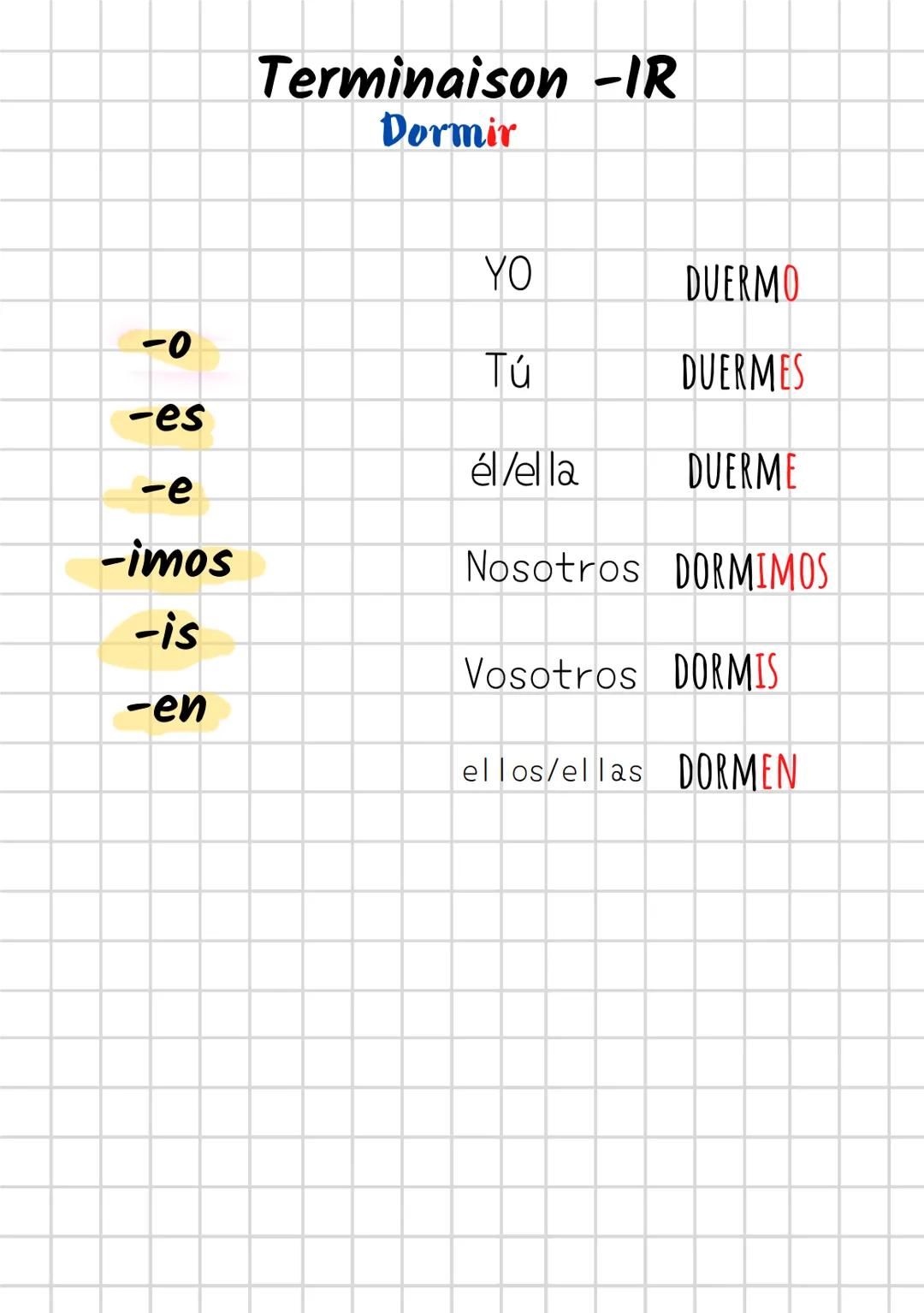 # Espagnol
Conjugaison au présent. Conjugación en presente
# Terminaison -AR
Estudiar
YO ESTUDIO
-0
Tú ESTUDIAS
-as
él/ella ESTUDIA
-