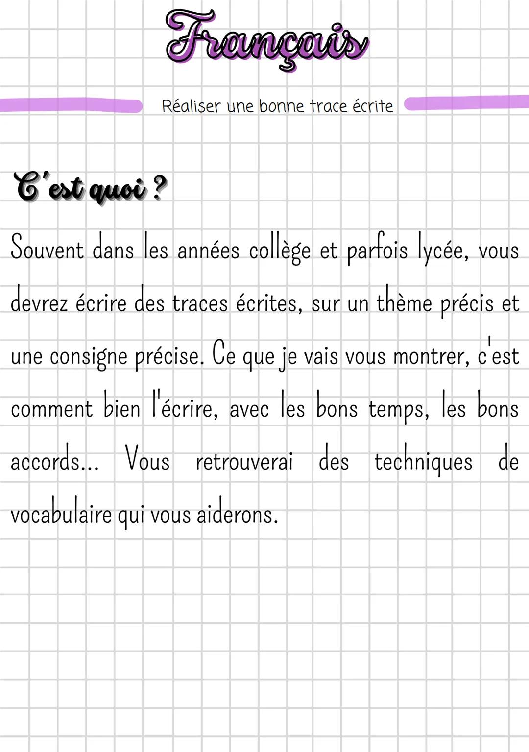 Français
Réaliser une bonne trace écrite
C'est quoi?
Souvent dans les années collège et parfois lycée,
devrez écrire des traces écrites, sur