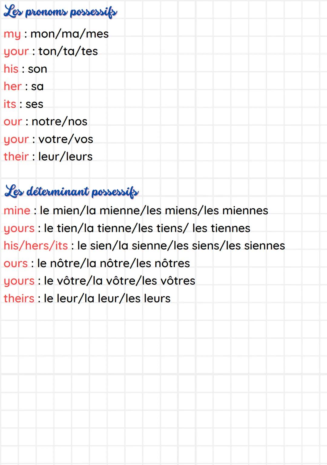 Les pronoms sujets (personnel)
1: je
you: tu
he: il (pour un garçon ou un animal domestique mâle)
she : elle (pour une fille ou un animal do