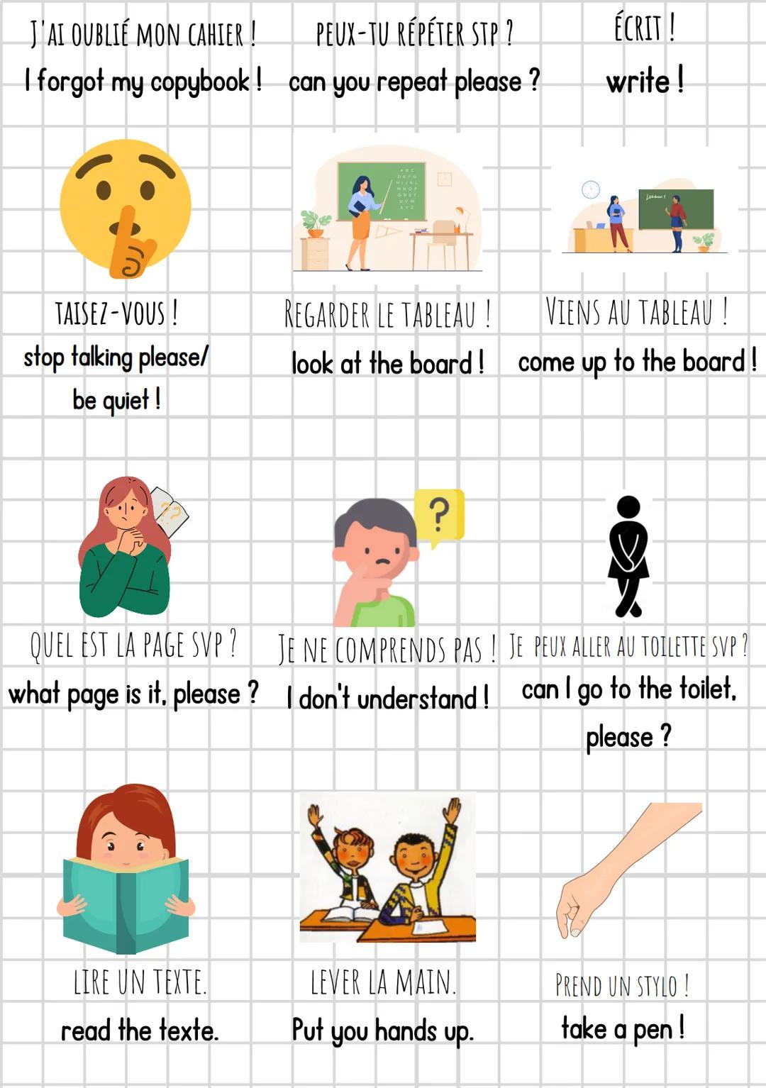 WELCOME
ENTREZ!
come in !
Anglais
classroom english
?
JE SUIS DÉSOLÉ, JE SUIS EN RETARD!
I'm sorry, I'm late !
ENLEVEZ SON MANTEAU !
take
yo