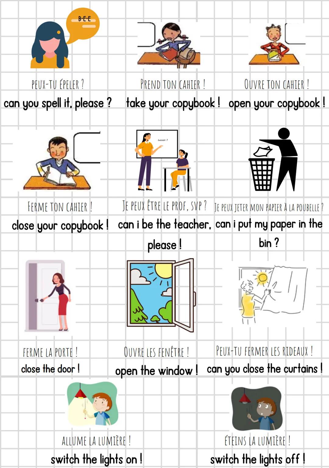 WELCOME
ENTREZ!
come in !
Anglais
classroom english
?
JE SUIS DÉSOLÉ, JE SUIS EN RETARD!
I'm sorry, I'm late !
ENLEVEZ SON MANTEAU !
take
yo