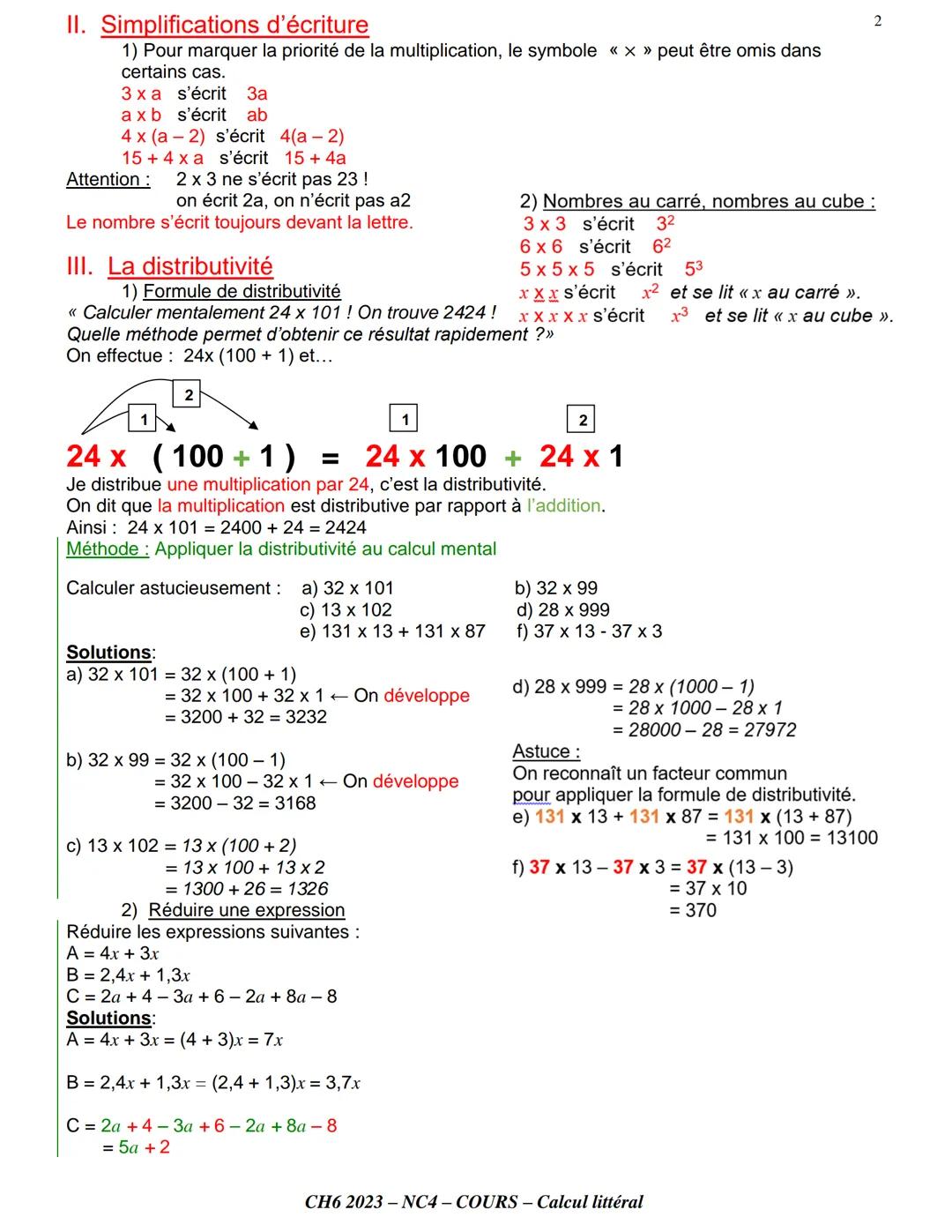CH6NC4 - CALCUL LITTÉRAL (partie 1)
I. Expression littérale
Exemple d'introduction :
On considère les deux frises représentées ci-dessous.
P