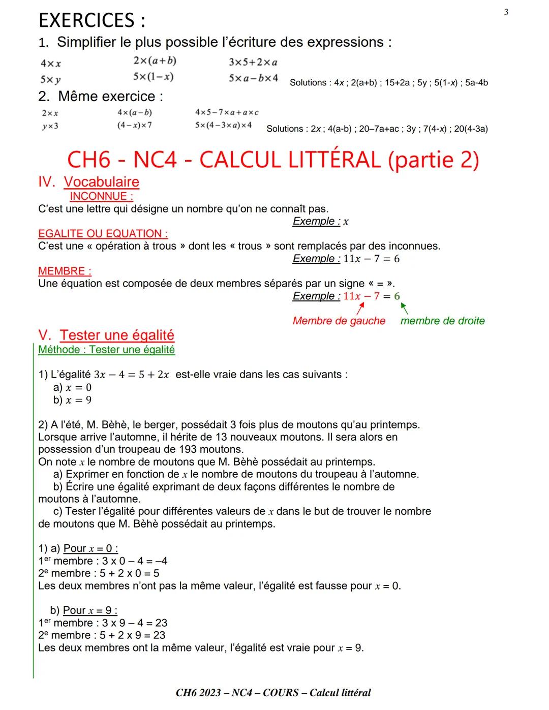 CH6NC4 - CALCUL LITTÉRAL (partie 1)
I. Expression littérale
Exemple d'introduction :
On considère les deux frises représentées ci-dessous.
P