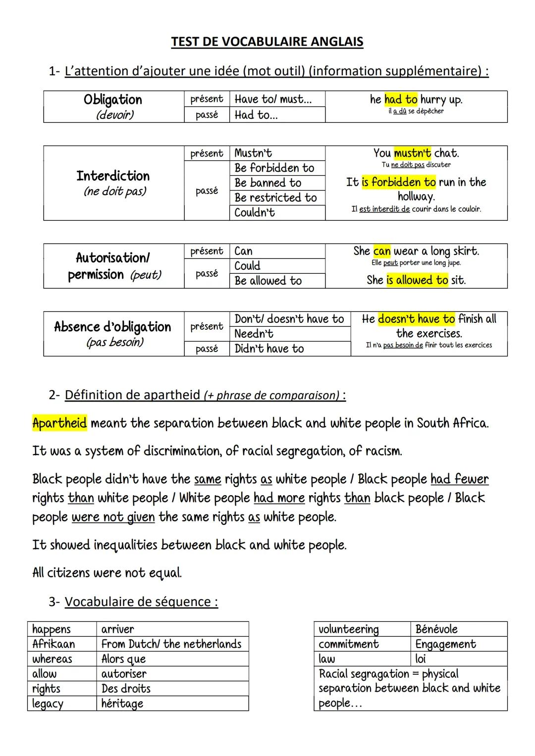 # TEST DE VOCABULAIRE ANGLAIS
1- L'attention d'ajouter une idée (mot outil) (information supplémentaire) :
|                   |