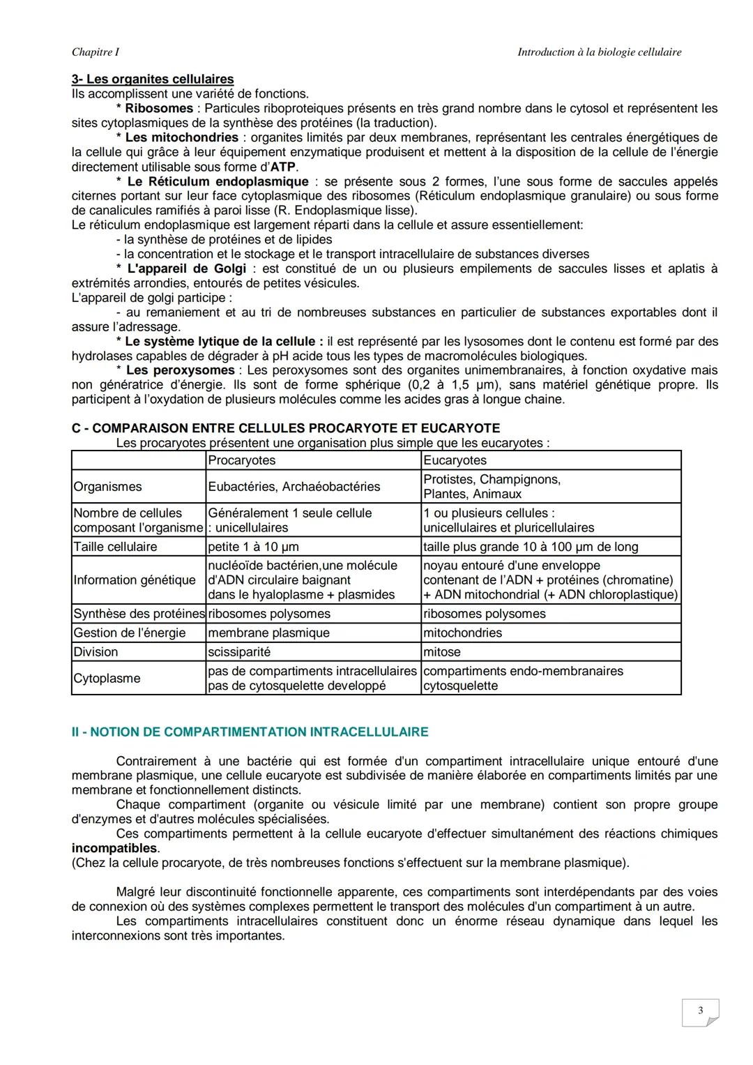 Chapitre I
Introduction à la biologie cellulaire
INTRODUCTION A L'ETUDE DE LA CELLULE
I-ORGANISATION DES CELLULES
La cellule représente l'un