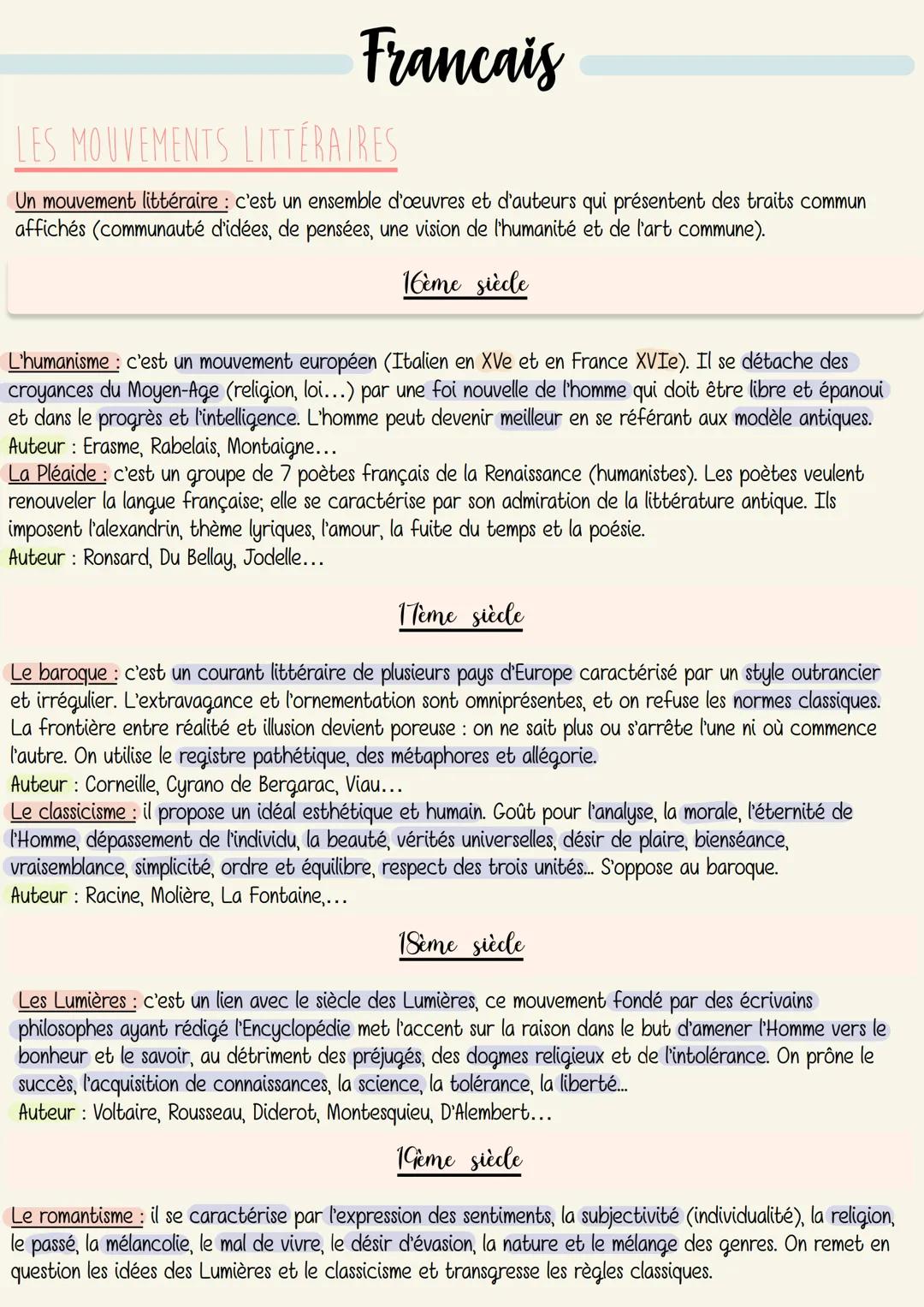 Francais
LES MOUVEMENTS LITTÉRAIRES
Un mouvement littéraire : c'est un ensemble d'oeuvres et d'auteurs qui présentent des traits commun
affi