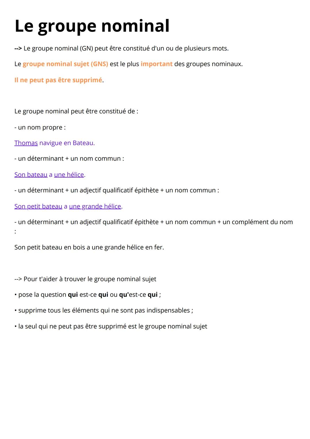 Le groupe nominal
--> Le groupe nominal (GN) peut être constitué d'un ou de plusieurs mots.
Le groupe nominal sujet (GNS) est le plus import
