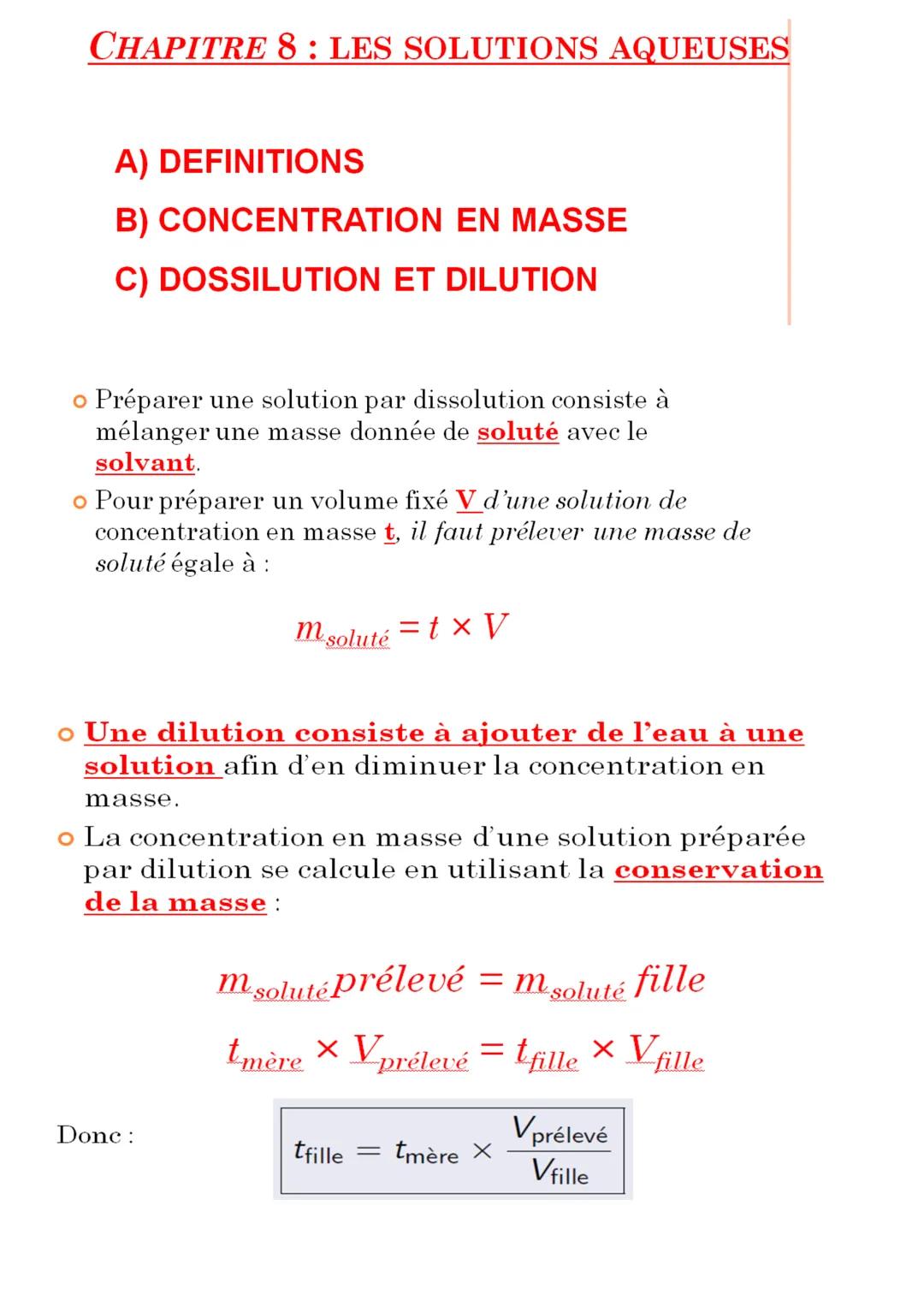 # CHAPITRE 8 : LES SOLUTIONS AQUEUSES
Solvant
Solution
Espèce
à dissoudre
Soluté dissous
## A) DEFINITIONS
* Une solution est un mél