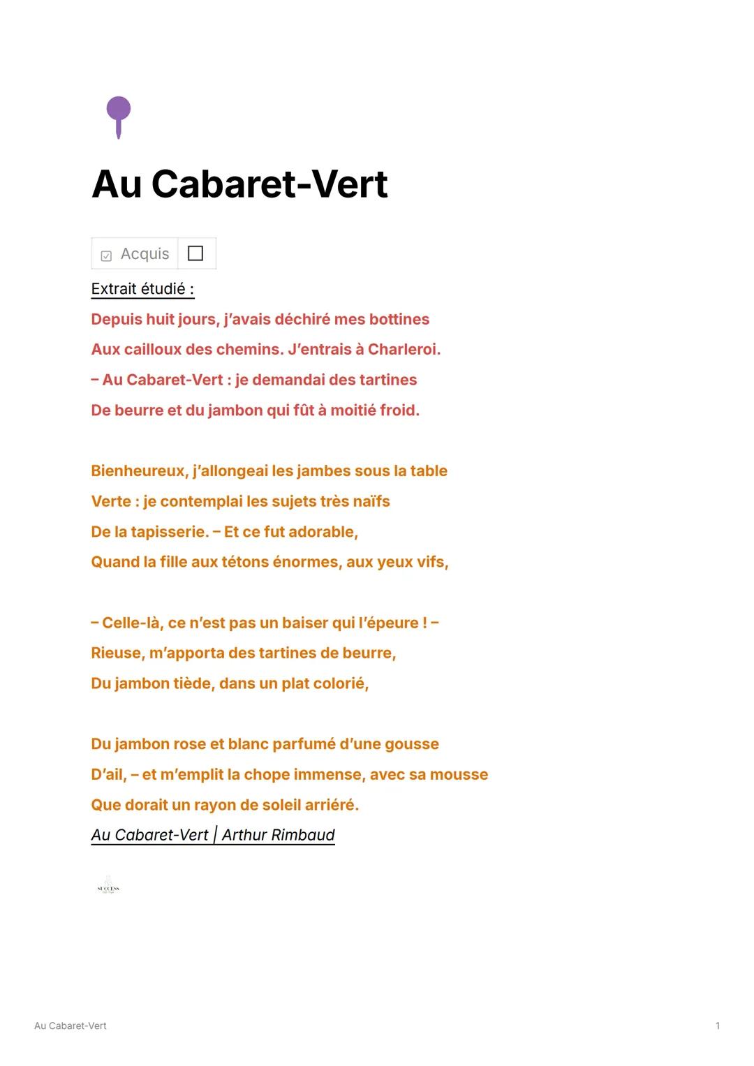 Au Cabaret-Vert
✓ Acquis
Extrait étudié :
Depuis huit jours, j'avais déchiré mes bottines
Aux cailloux des chemins. J'entrais à Charleroi.
-