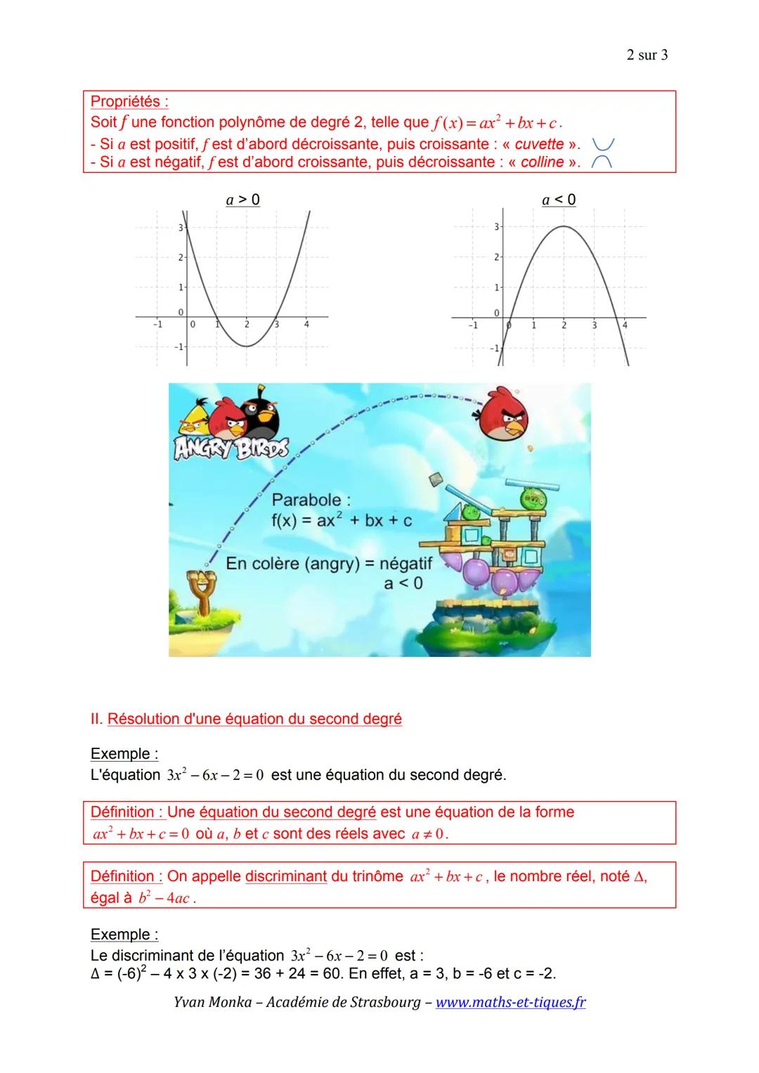 SECOND DEGRÉ (Partie 1)
1 sur 3
I. Fonction polynôme de degré 2
1) Définition
Exemples et contre-exemples:
- $f(x)=3x^2-7x+3$
- $g(x) = x