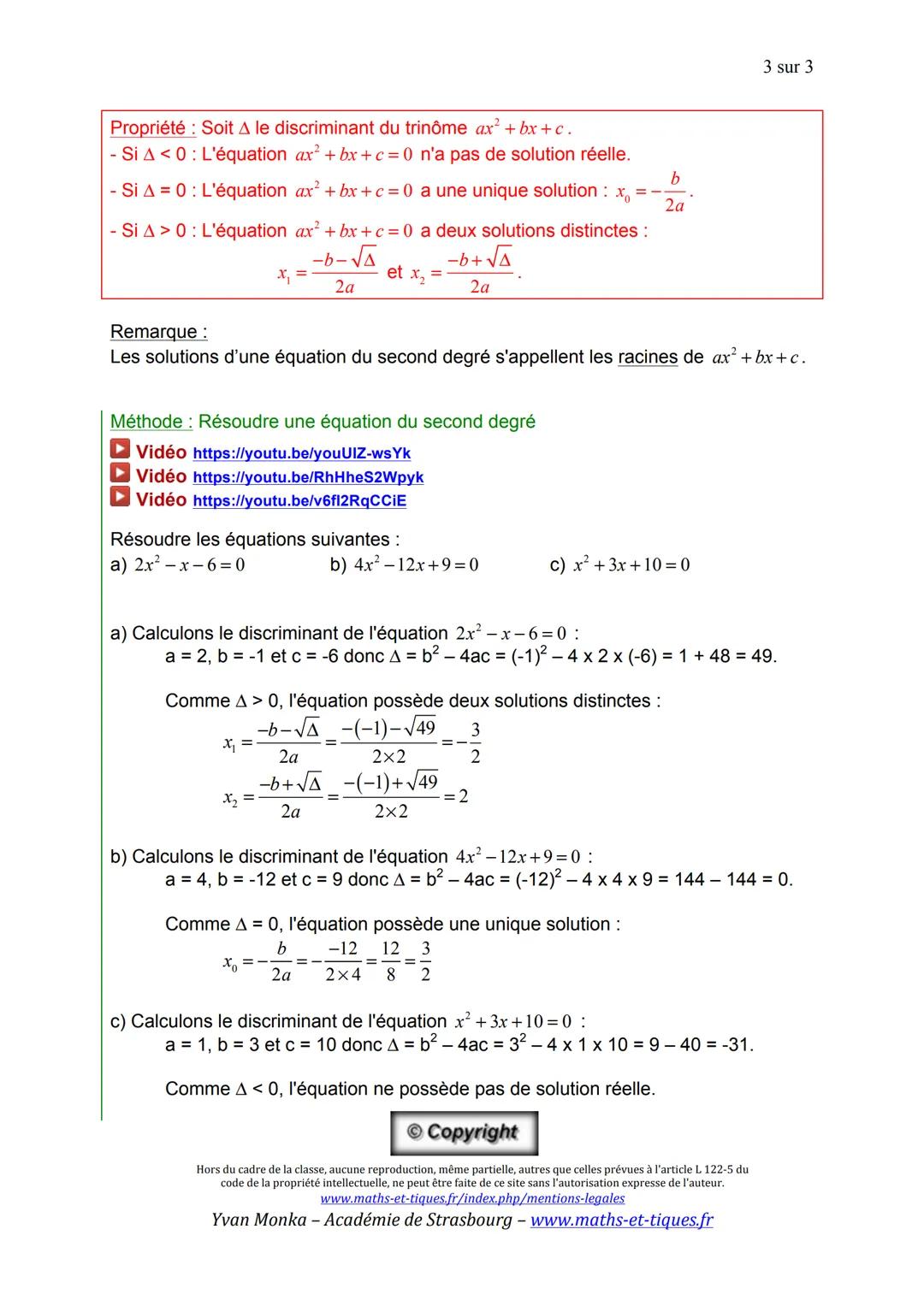SECOND DEGRÉ (Partie 1)
1 sur 3
I. Fonction polynôme de degré 2
1) Définition
Exemples et contre-exemples:
- $f(x)=3x^2-7x+3$
- $g(x) = x