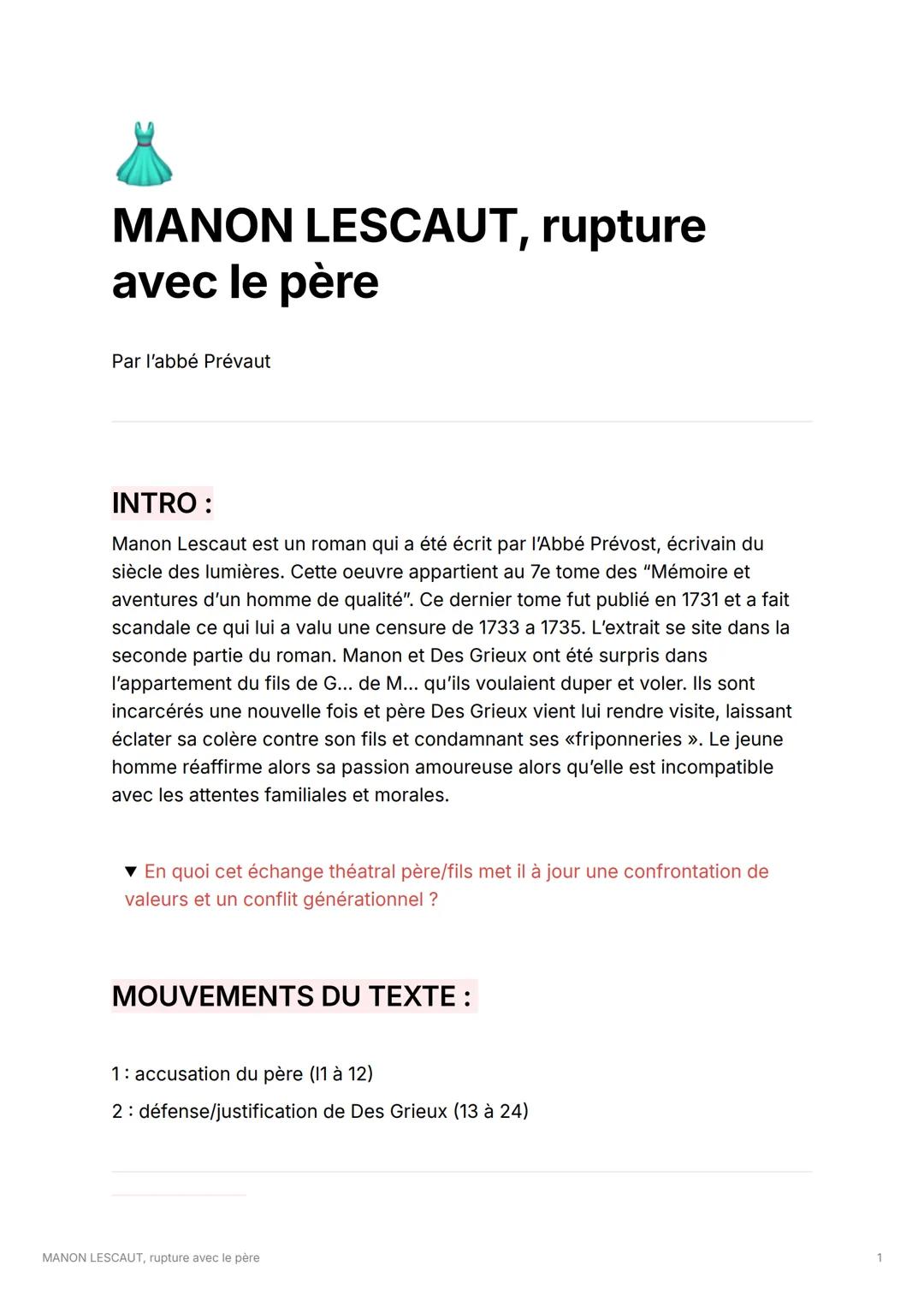 MANON LESCAUT, rupture
avec le père
Par l'abbé Prévaut
INTRO:
Manon Lescaut est un roman qui a été écrit par l'Abbé Prévost, écrivain du
siè
