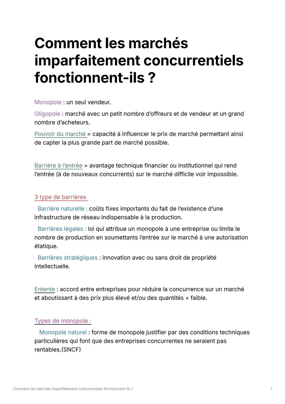 Comment les marchés
imparfaitement concurrentiels
fonctionnent-ils ?
Monopole un seul vendeur.
Oligopole: marché avec un petit nombre d'offr
